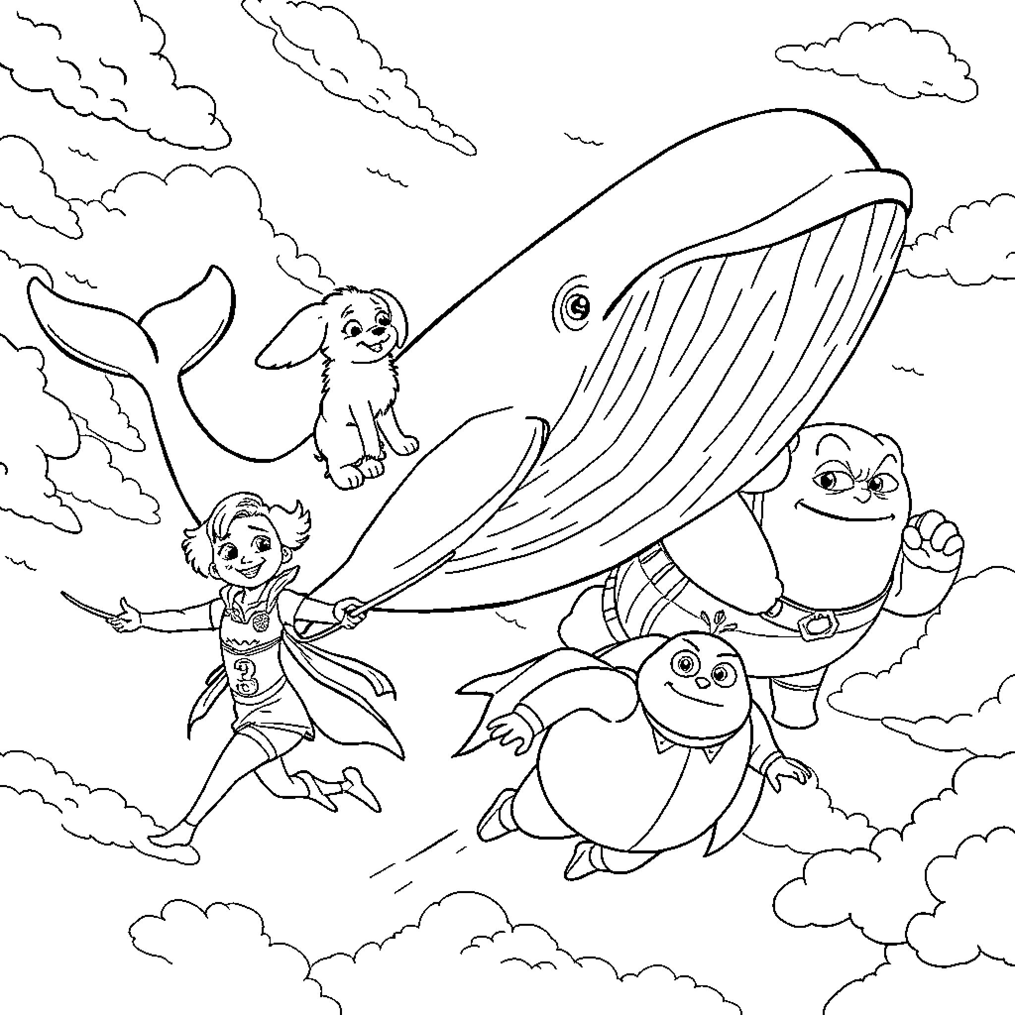 Whale and Friends Exploring the Skies Coloring Page (free black-and-white line drawing printable PDF for all, from beginners to advanced learners, including children, teens, adults, and seniors)