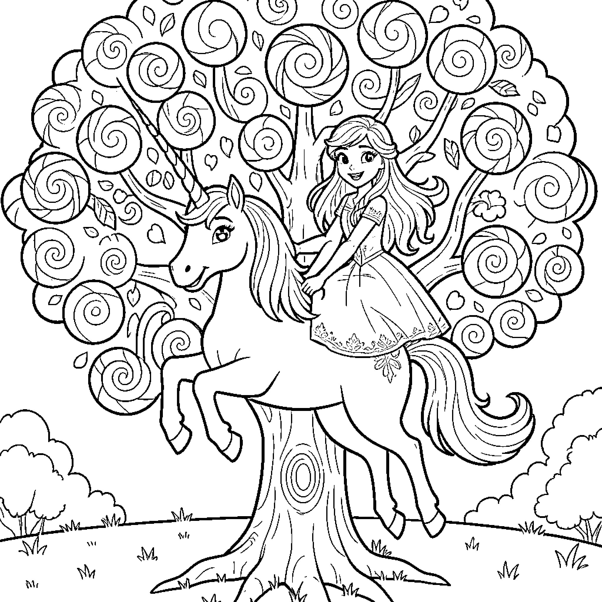 Licorne and a joyful girl riding through a candy forest Coloring Page (free black-and-white line drawing printable PDF for all, from beginners to advanced learners, including children, teens, adults, and seniors)