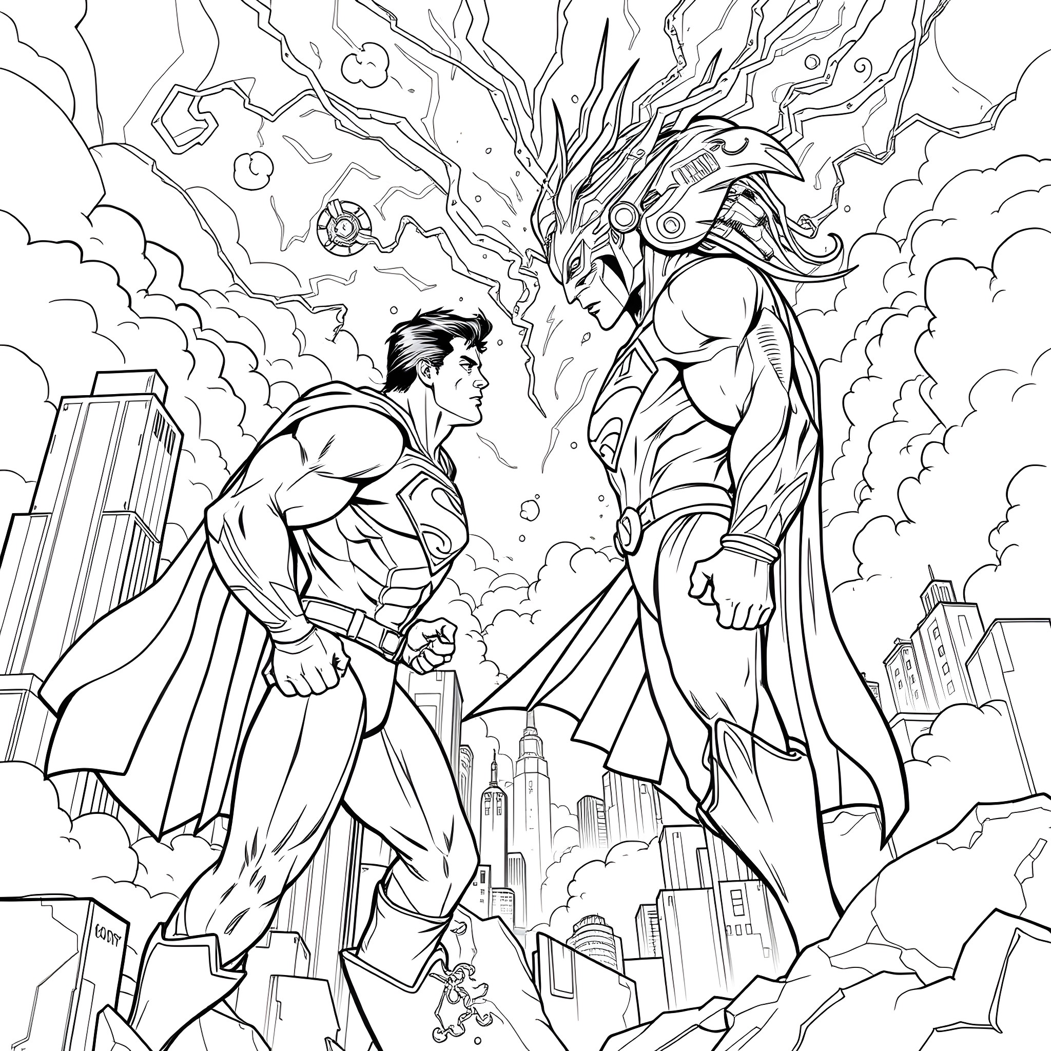 Superman versus powerful villain in a city Coloring Page (free black-and-white line drawing printable PDF for all, from beginners to advanced learners, including children, teens, adults, and seniors)