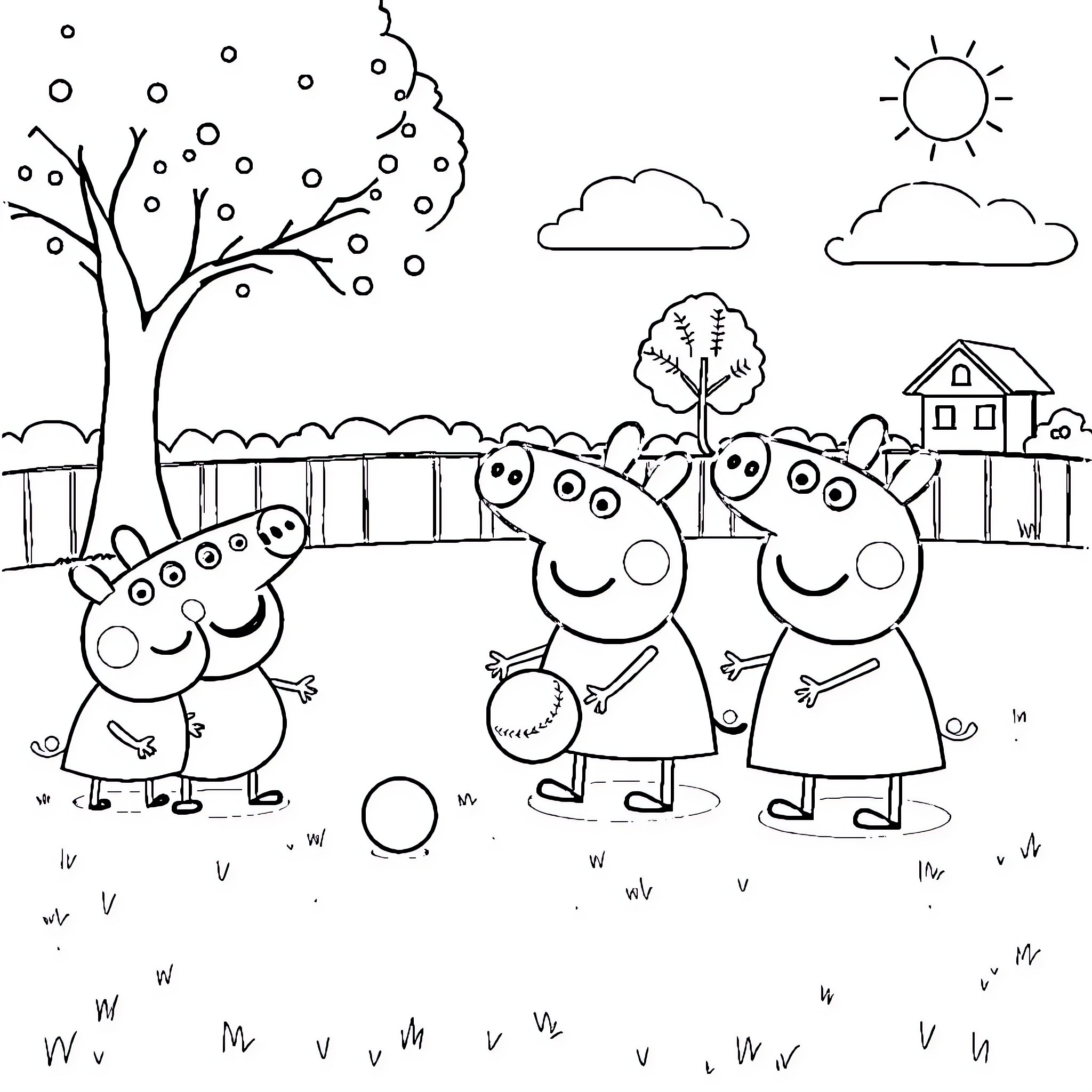 Peppa Pig and friends playing in the park Coloring Page (free black-and-white line drawing printable PDF for all, from beginners to advanced learners, including children, teens, adults, and seniors)