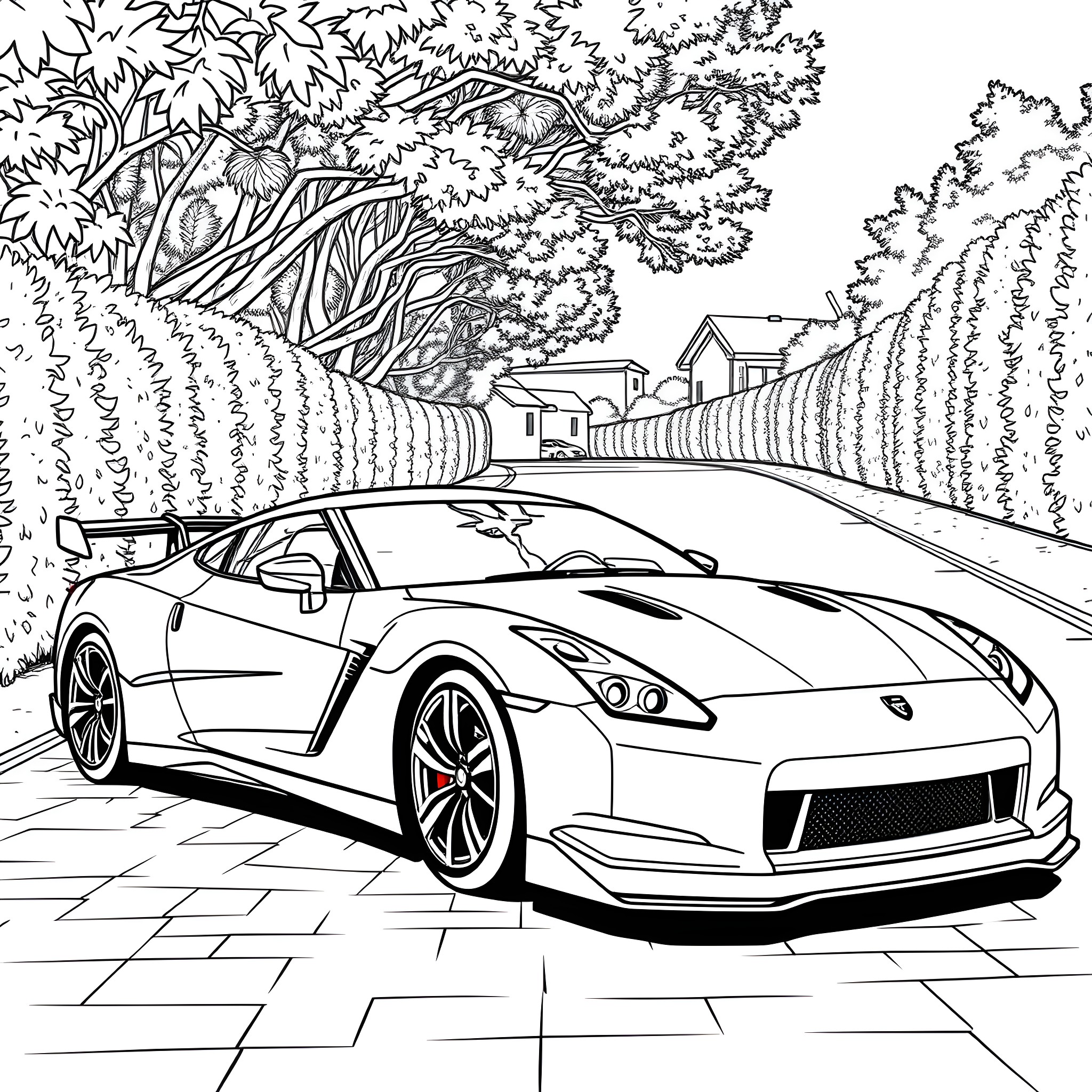 Car speeding through scenic landscape Coloring Page (free black-and-white line drawing printable PDF for all, from beginners to advanced learners, including children, teens, adults, and seniors)