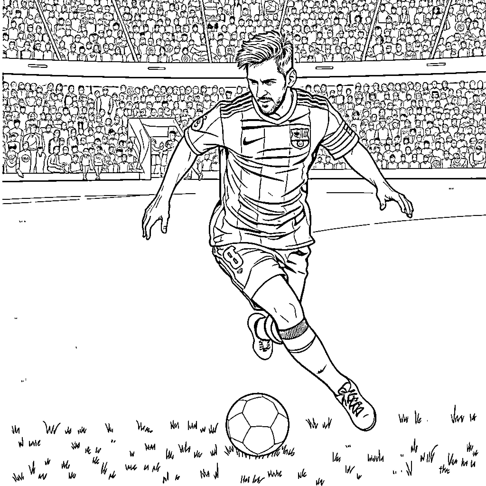 Lionel Messi dribbling soccer ball on the field Coloring Page (free black-and-white line drawing printable PDF for all, from beginners to advanced learners, including children, teens, adults, and seniors)