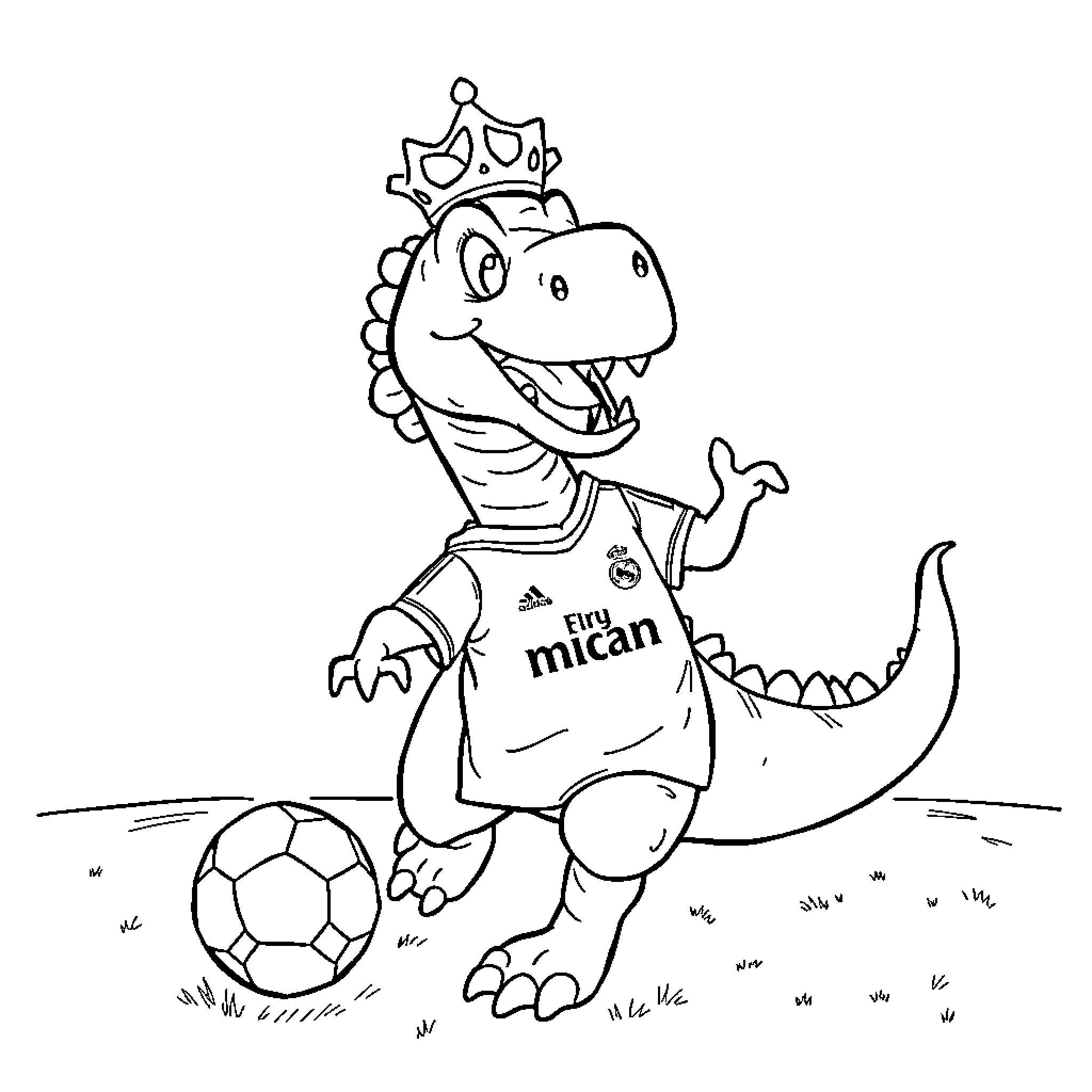 Dinosaur mascot playing with soccer ball Coloring Page (free black-and-white line drawing printable PDF for all, from beginners to advanced learners, including children, teens, adults, and seniors)