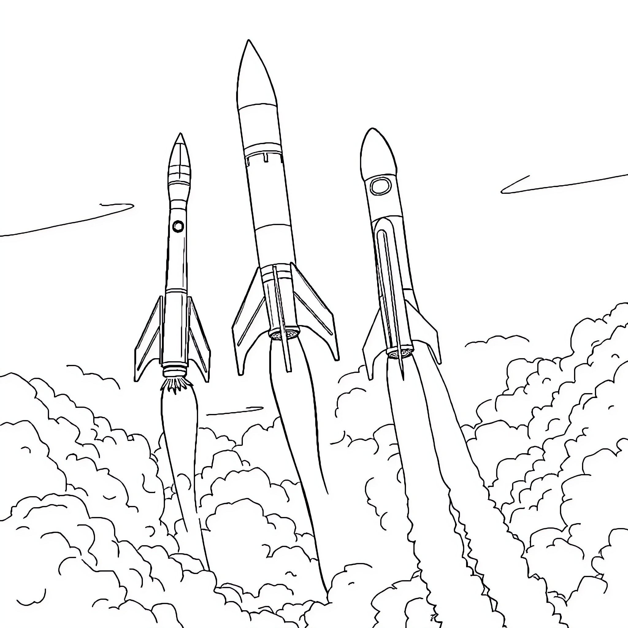 Rocket launch with multiple spacecraft taking off Coloring Page (free black-and-white line drawing printable PDF for all, from beginners to advanced learners, including children, teens, adults, and seniors)