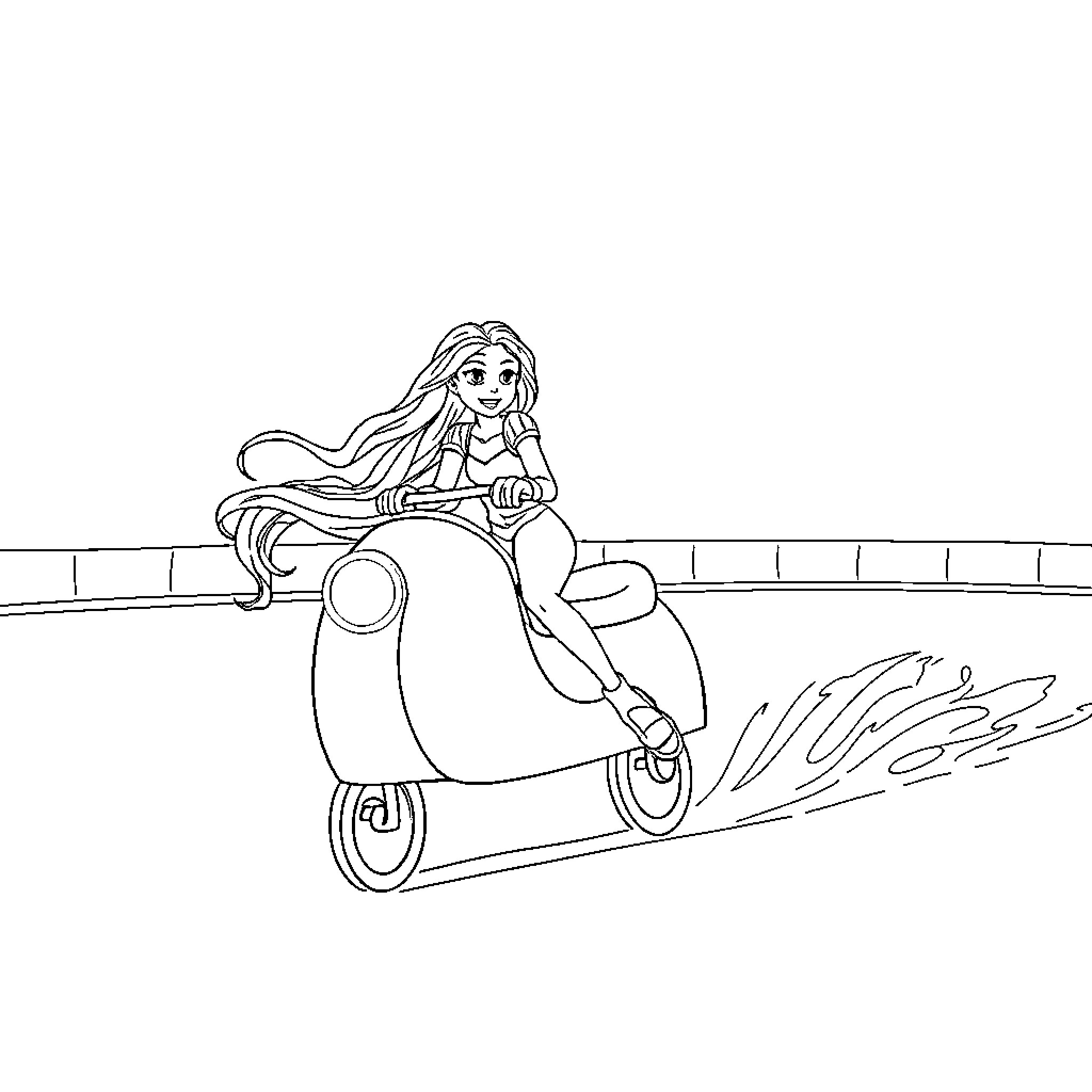 Rapunzel riding a scooter with long hair Coloring Page (free black-and-white line drawing printable PDF for all, from beginners to advanced learners, including children, teens, adults, and seniors)