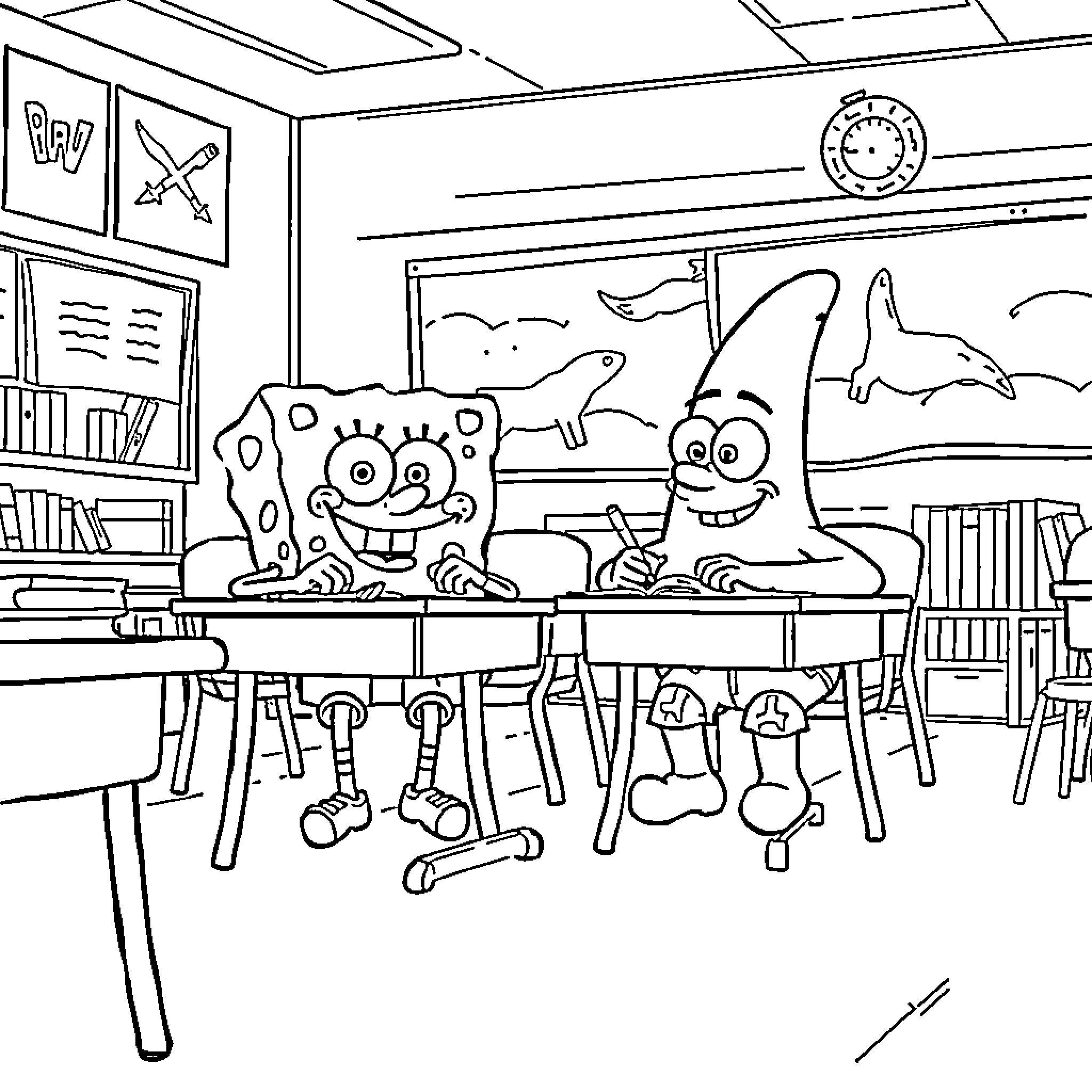 Sponge characters playing in classroom setting Coloring Page (free black-and-white line drawing printable PDF for all, from beginners to advanced learners, including children, teens, adults, and seniors)