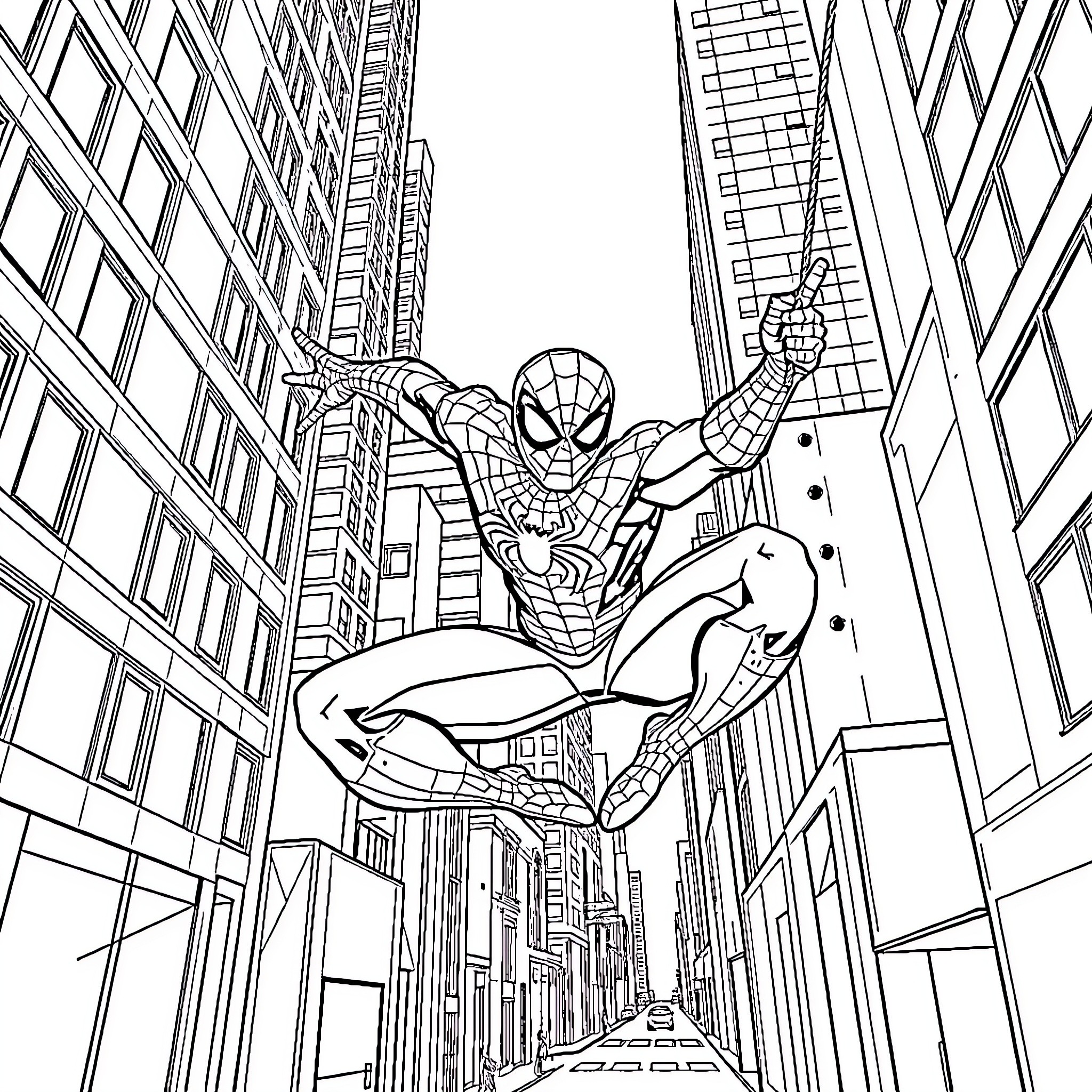 Spider-Man swinging through the city skyline Coloring Page (free black-and-white line drawing printable PDF for all, from beginners to advanced learners, including children, teens, adults, and seniors)