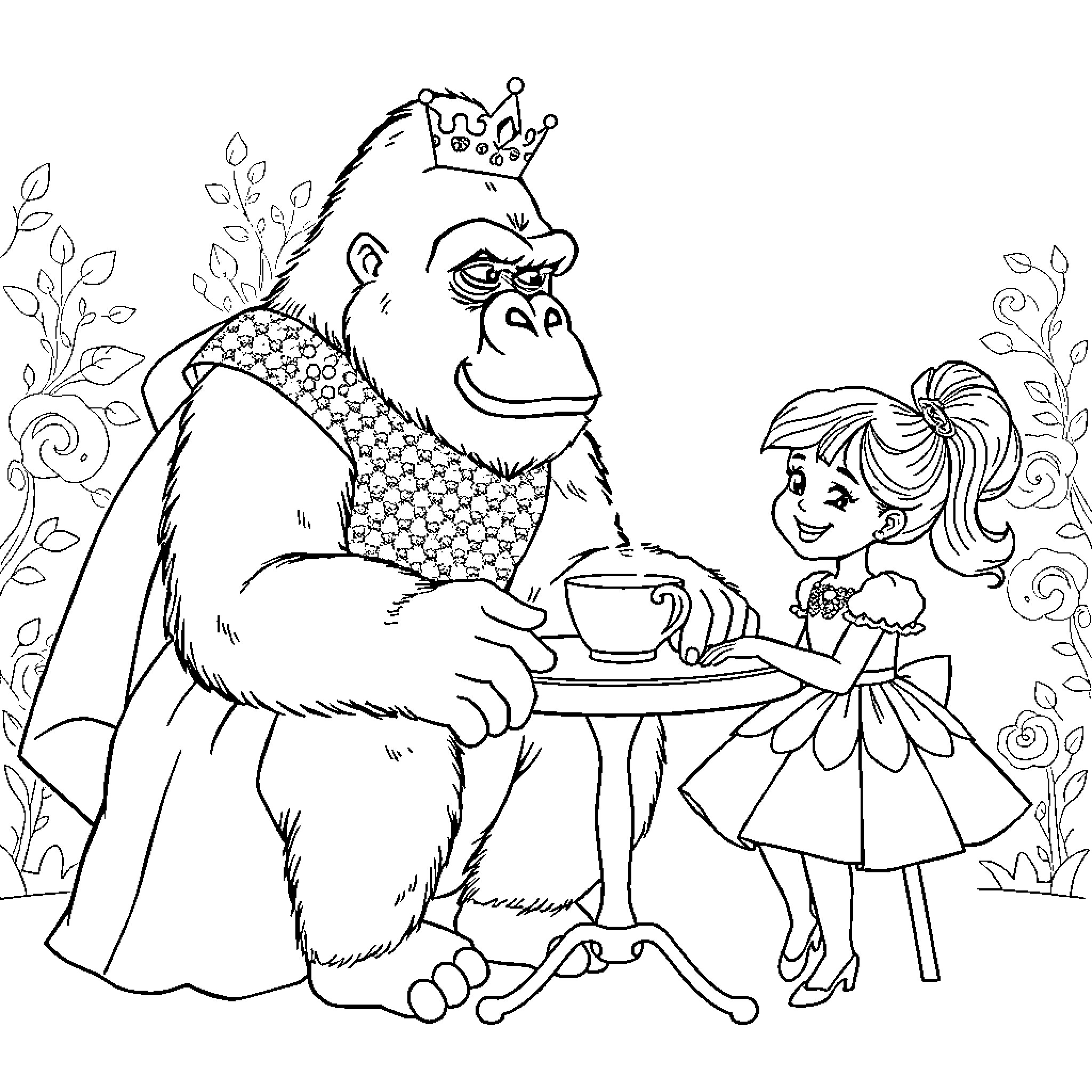 Gorilla king entertaining a young girl with tea Coloring Page (free black-and-white line drawing printable PDF for all, from beginners to advanced learners, including children, teens, adults, and seniors)