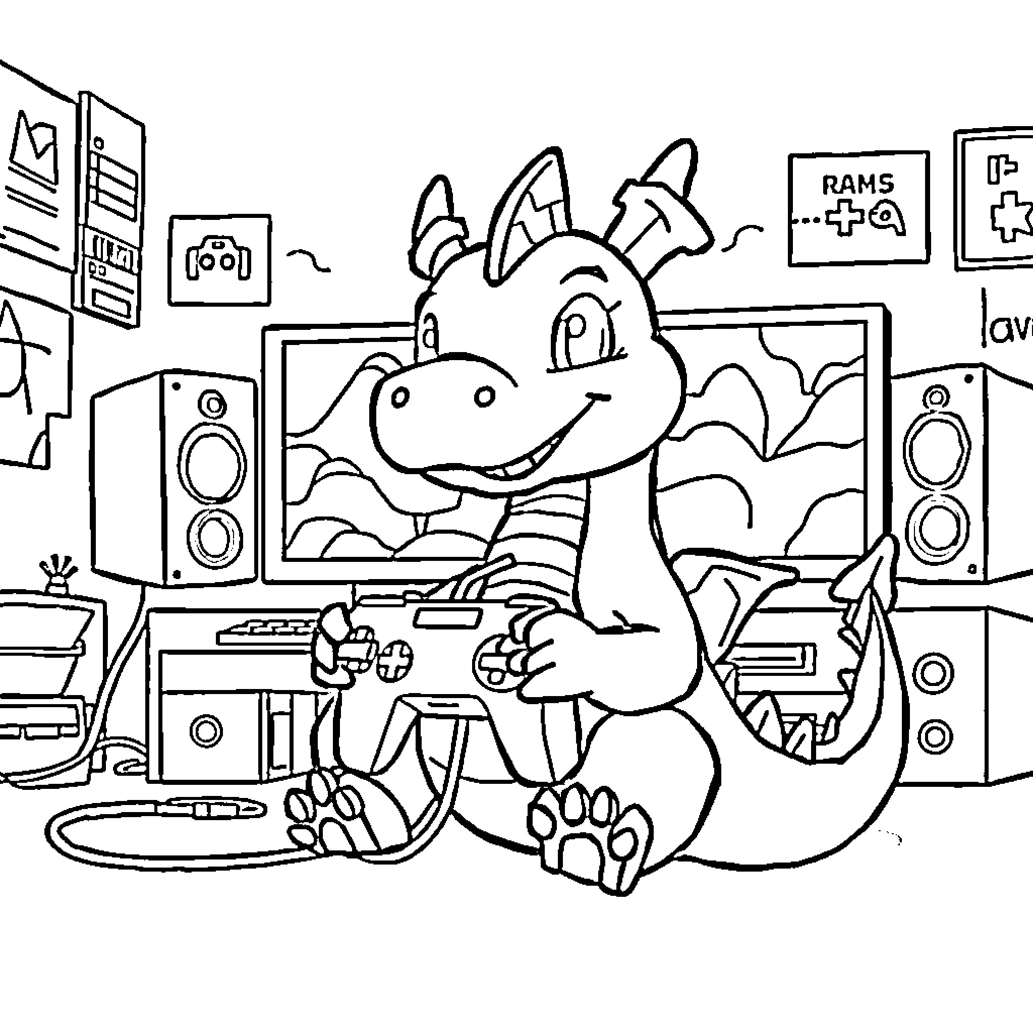 Dragon listening to music in messy room Coloring Page (free black-and-white line drawing printable PDF for all, from beginners to advanced learners, including children, teens, adults, and seniors)