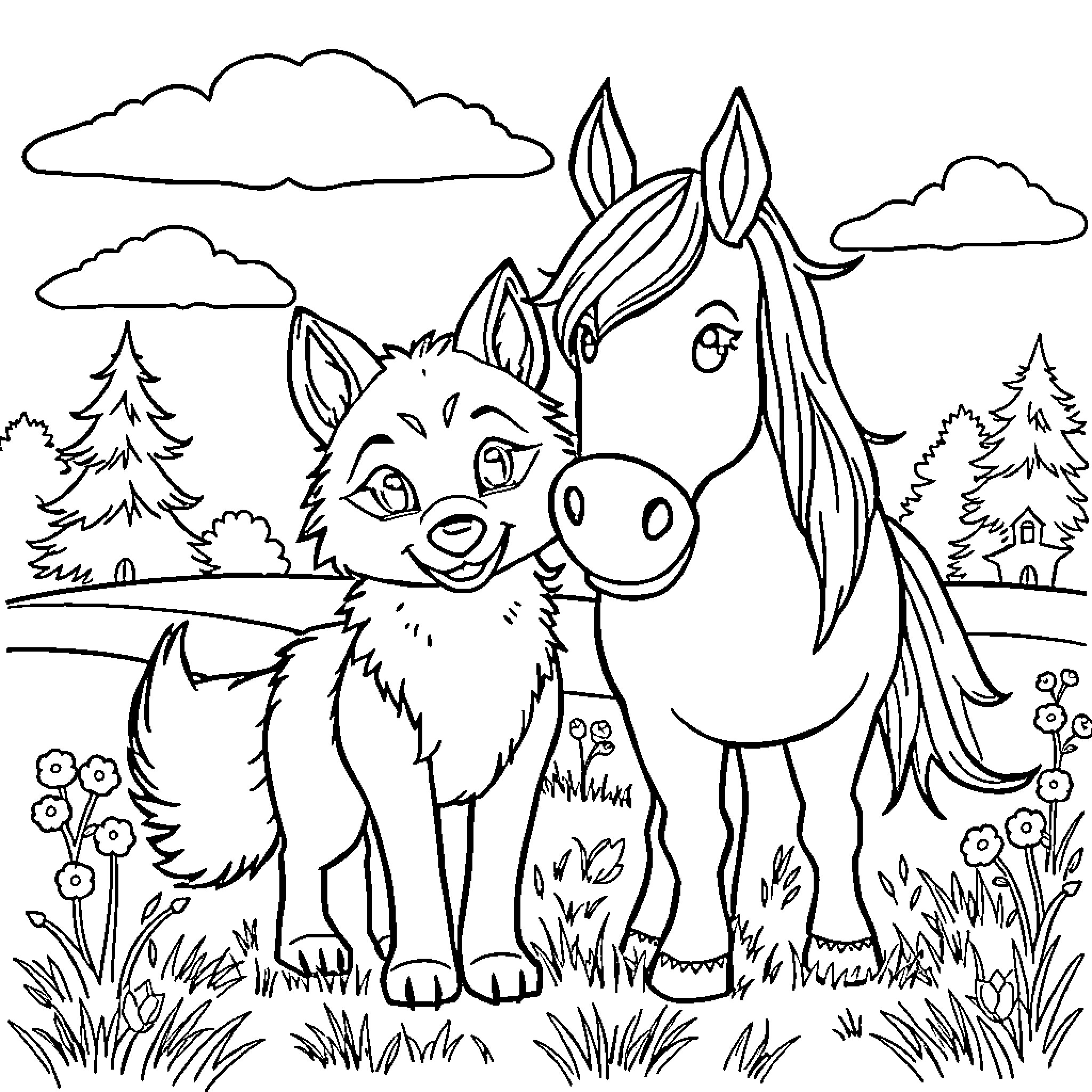 Wolf Playing with Friendly Horse in Scenic Landscape Coloring Page (free black-and-white line drawing printable PDF for all, from beginners to advanced learners, including children, teens, adults, and seniors)