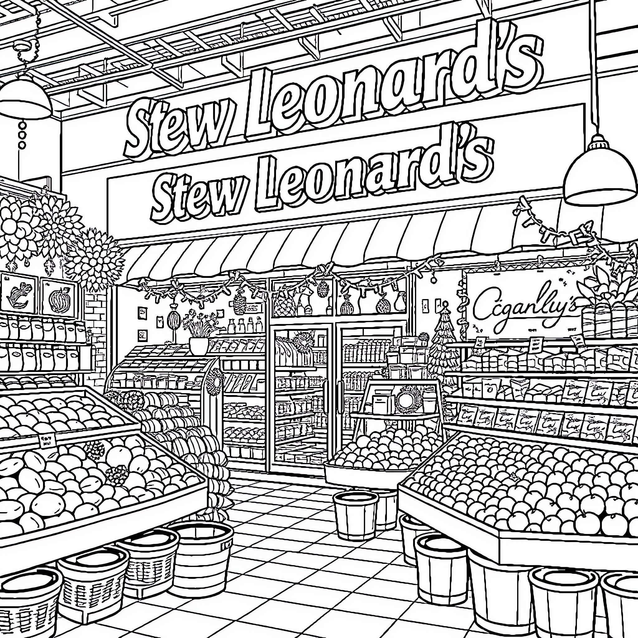 Stewleonards: Bustling Grocery Store Interior Coloring Page (free black-and-white line drawing printable PDF for all, from beginners to advanced learners, including children, teens, adults, and seniors)