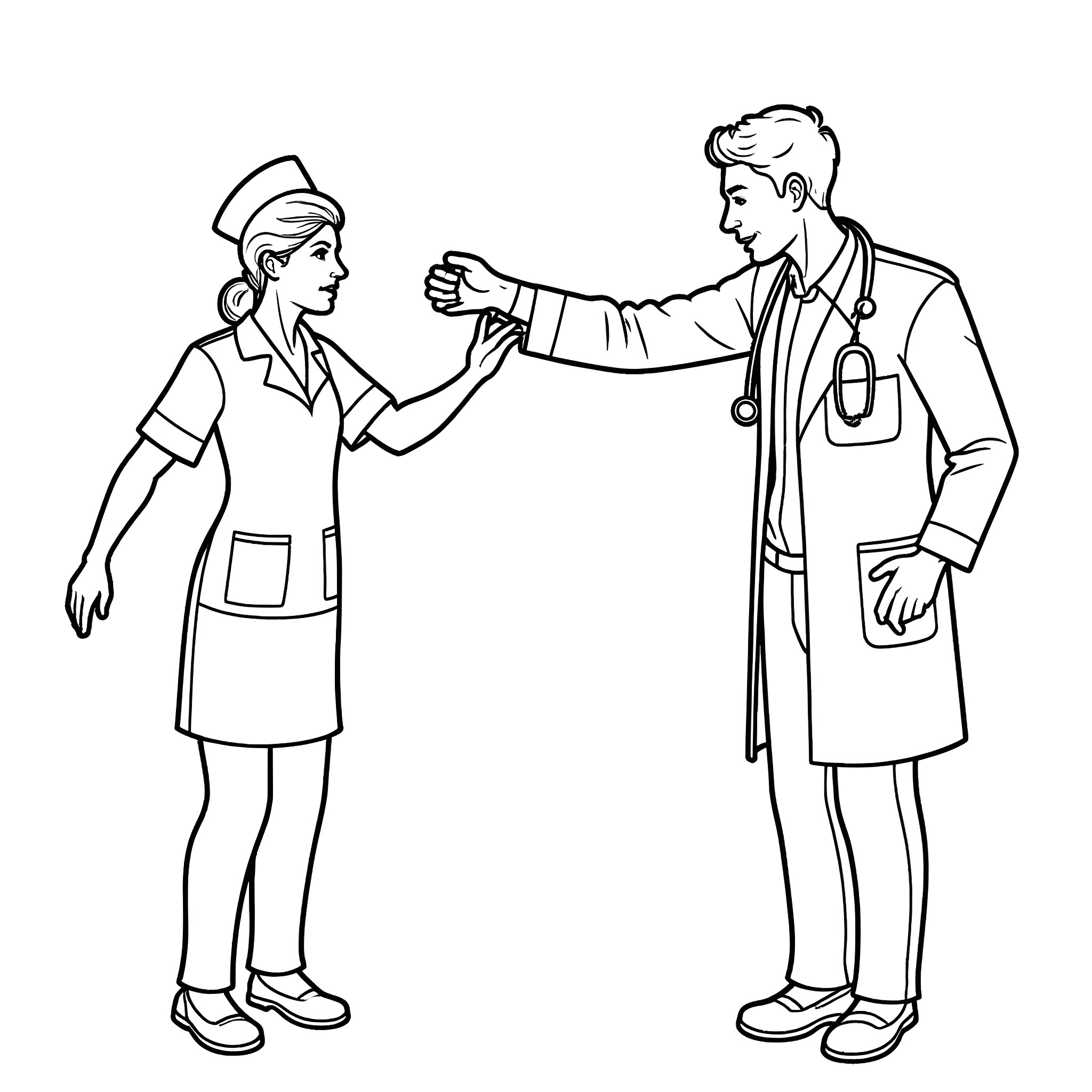 Nurse Assisting Patient During Medical Examination Coloring Page (free black-and-white line drawing printable PDF for all, from beginners to advanced learners, including children, teens, adults, and seniors)