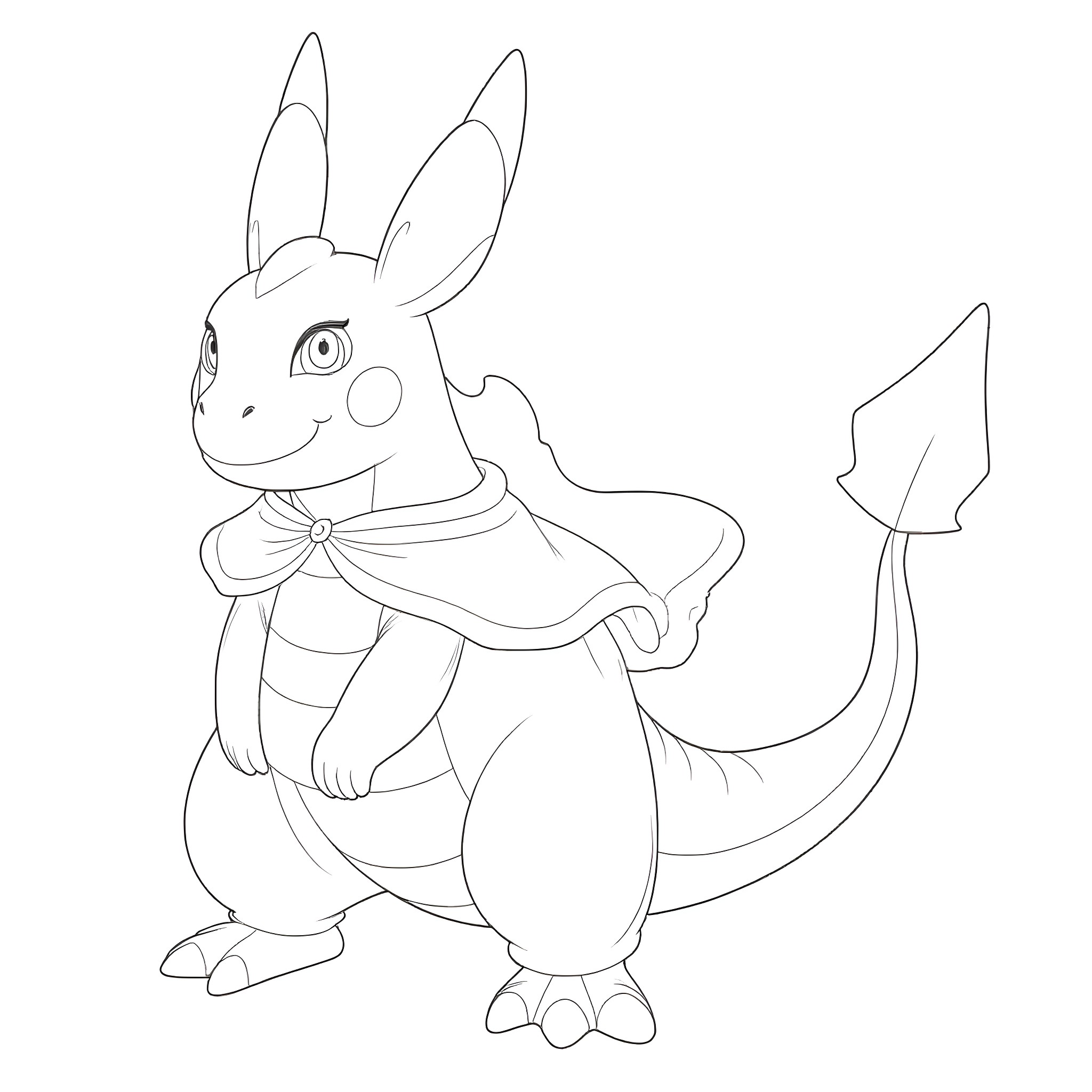 Charizard-like creature in a bow tie posing Coloring Page (free black-and-white line drawing printable PDF for all, from beginners to advanced learners, including children, teens, adults, and seniors)