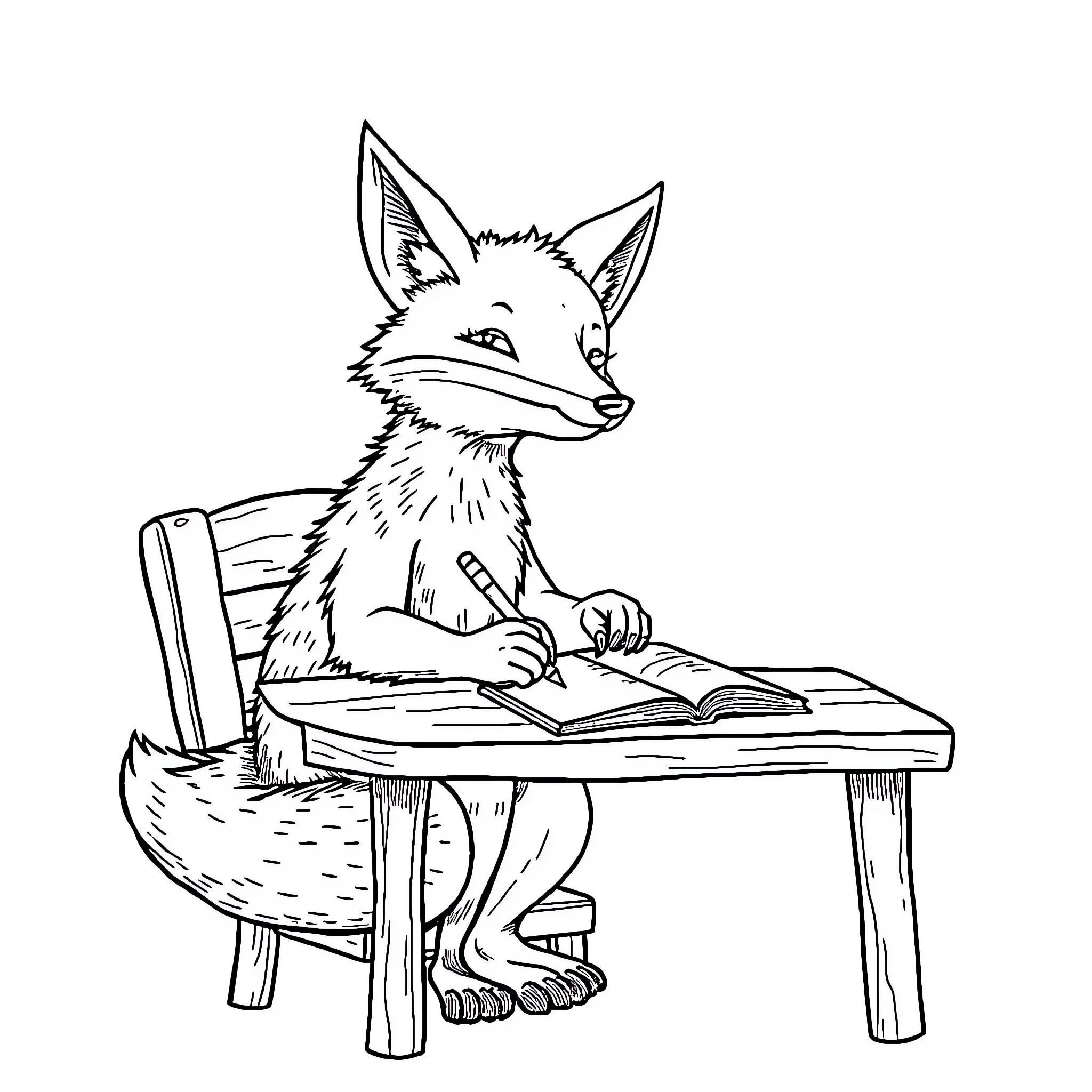 Fox studying intently at wooden desk Coloring Page (free black-and-white line drawing printable PDF for all, from beginners to advanced learners, including children, teens, adults, and seniors)