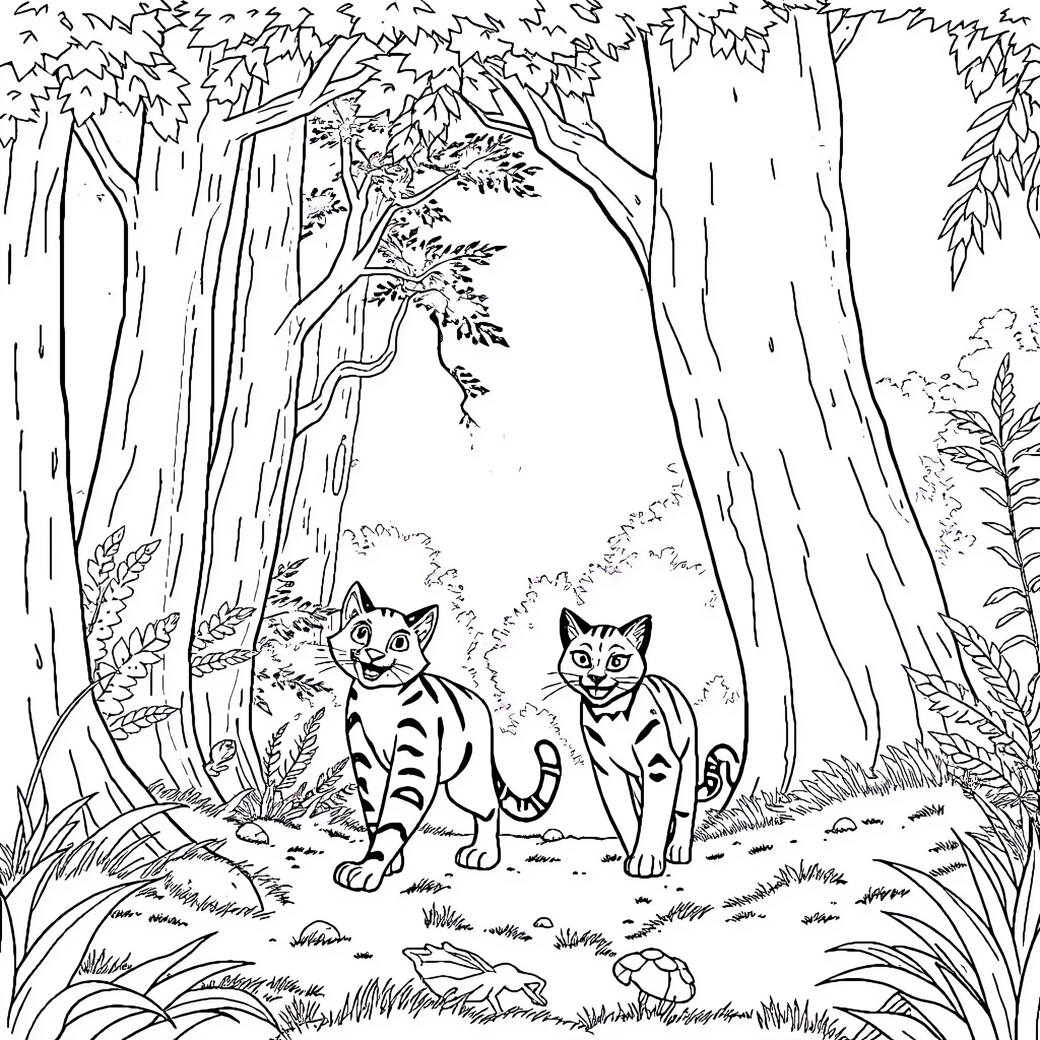 Warrior Cats Exploring the Lush Forest Coloring Page (free black-and-white line drawing printable PDF for all, from beginners to advanced learners, including children, teens, adults, and seniors)