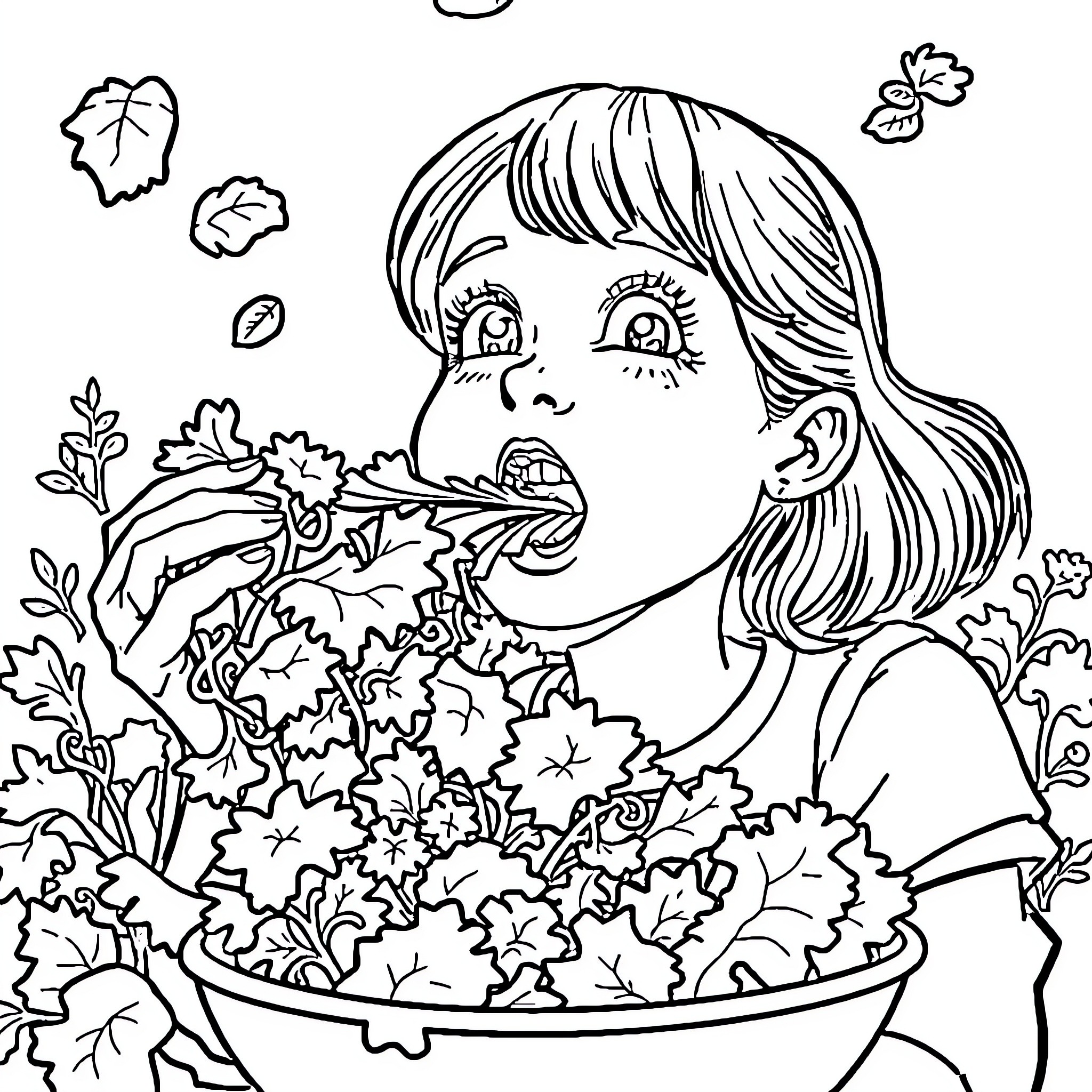 Salad Girl Enjoying Autumn Greens Coloring Page (free black-and-white line drawing printable PDF for all, from beginners to advanced learners, including children, teens, adults, and seniors)