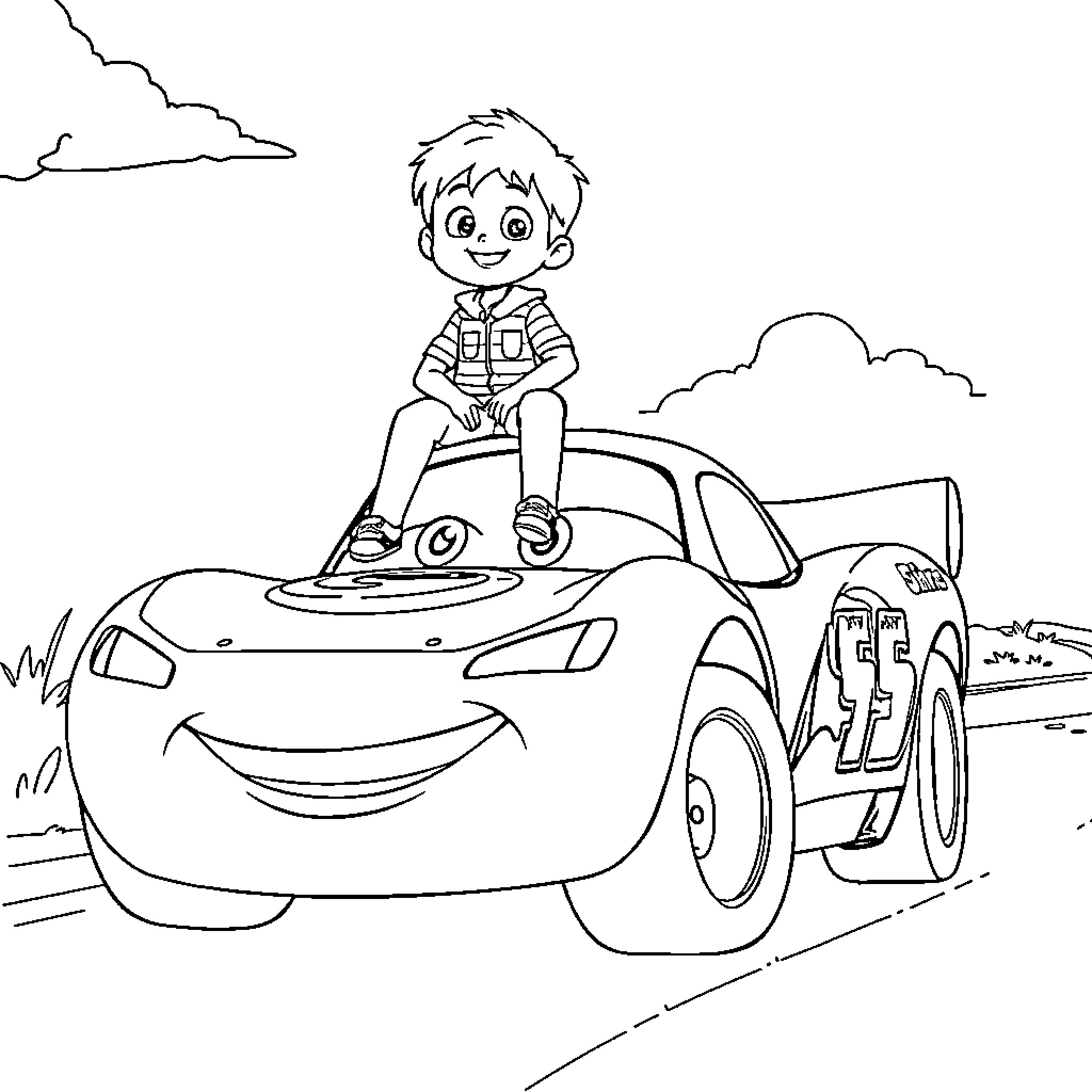 Boy riding a cartoon car on the road Coloring Page (free black-and-white line drawing printable PDF for all, from beginners to advanced learners, including children, teens, adults, and seniors)
