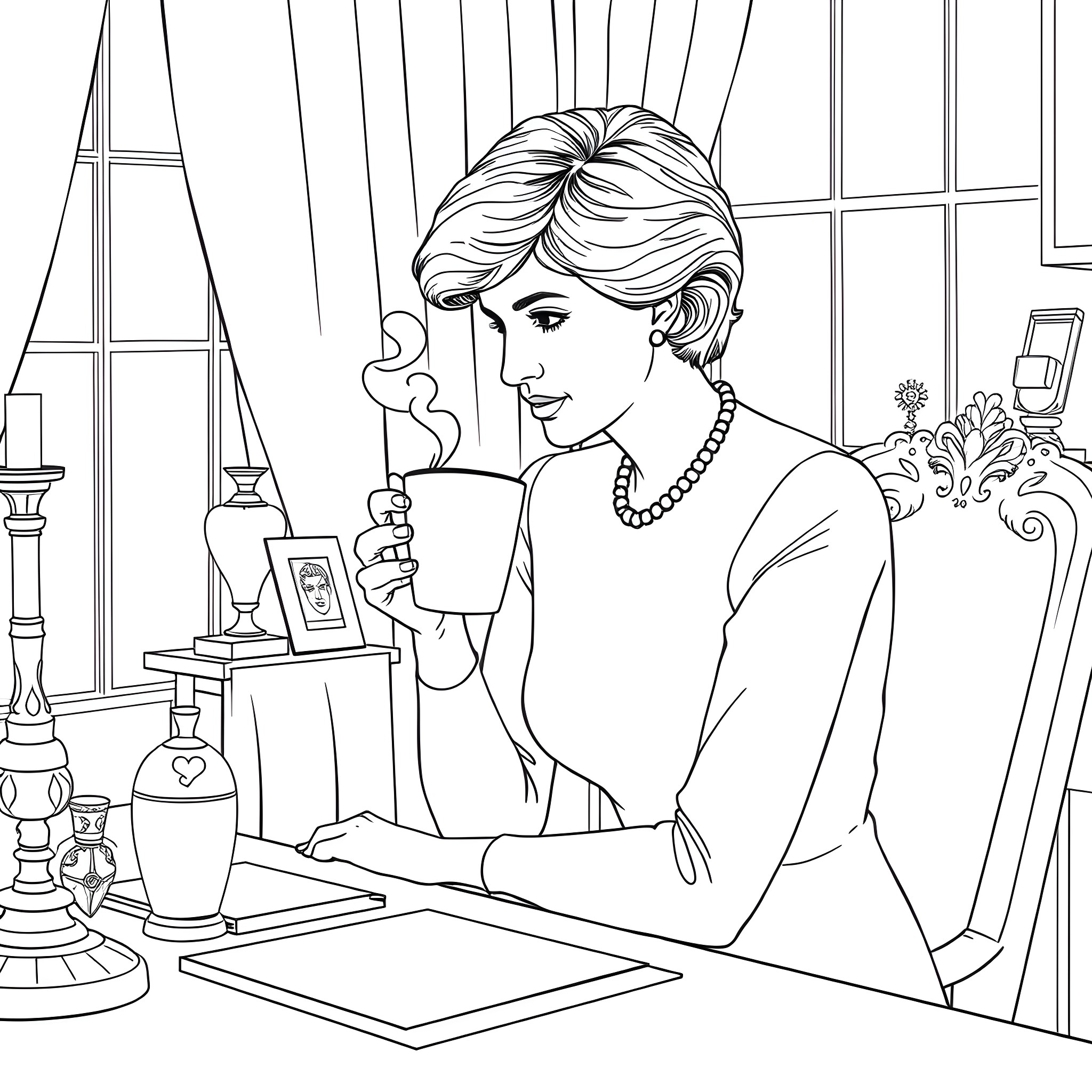 Princess Diana enjoying a warm beverage at home Coloring Page (free black-and-white line drawing printable PDF for all, from beginners to advanced learners, including children, teens, adults, and seniors)