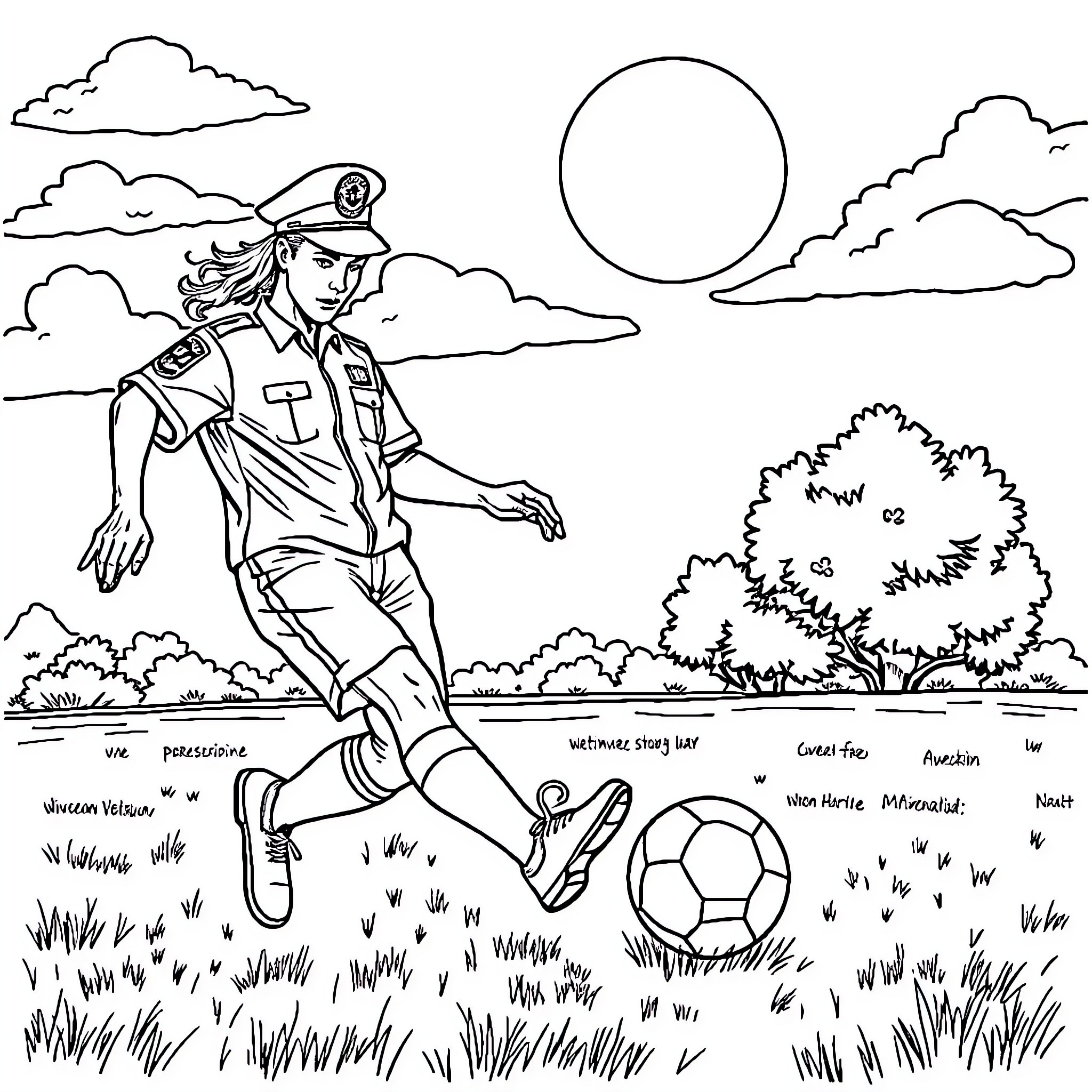Paramedic Enjoying a Game of Soccer in the Park Coloring Page (free black-and-white line drawing printable PDF for all, from beginners to advanced learners, including children, teens, adults, and seniors)