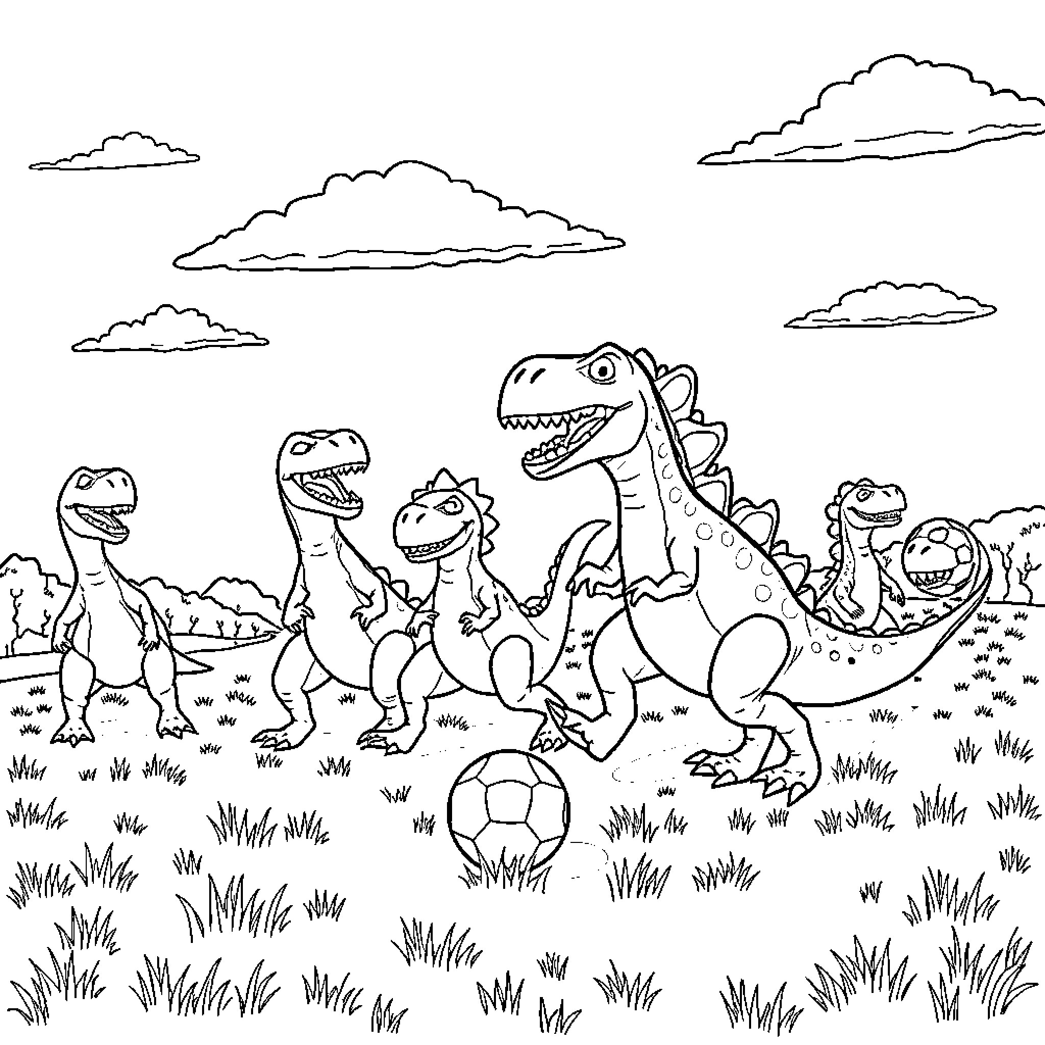 Dinosaurs Playing Happily with Soccer Ball in Field Coloring Page (free black-and-white line drawing printable PDF for all, from beginners to advanced learners, including children, teens, adults, and seniors)
