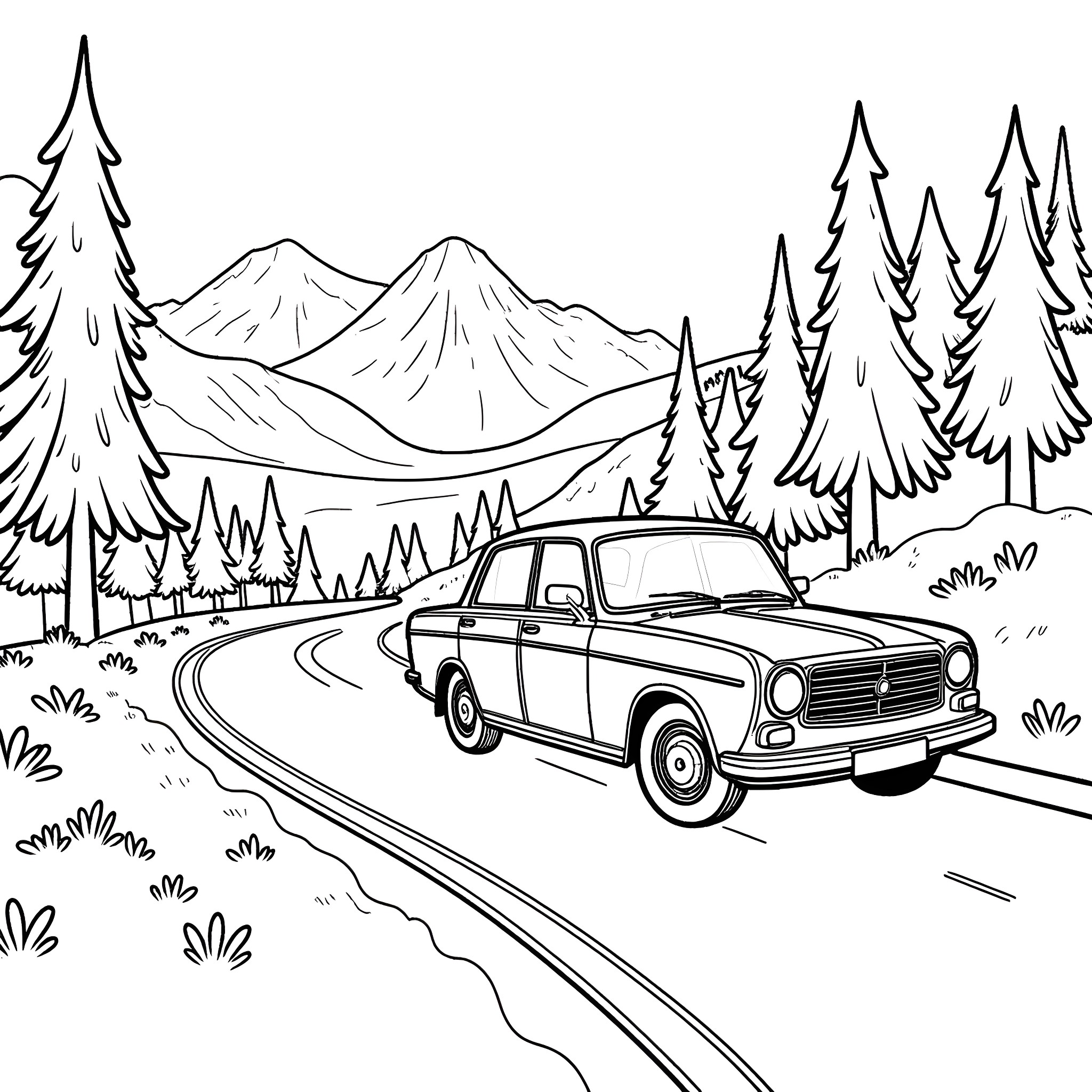 Volvo driving through scenic mountain landscape Coloring Page (free black-and-white line drawing printable PDF for all, from beginners to advanced learners, including children, teens, adults, and seniors)
