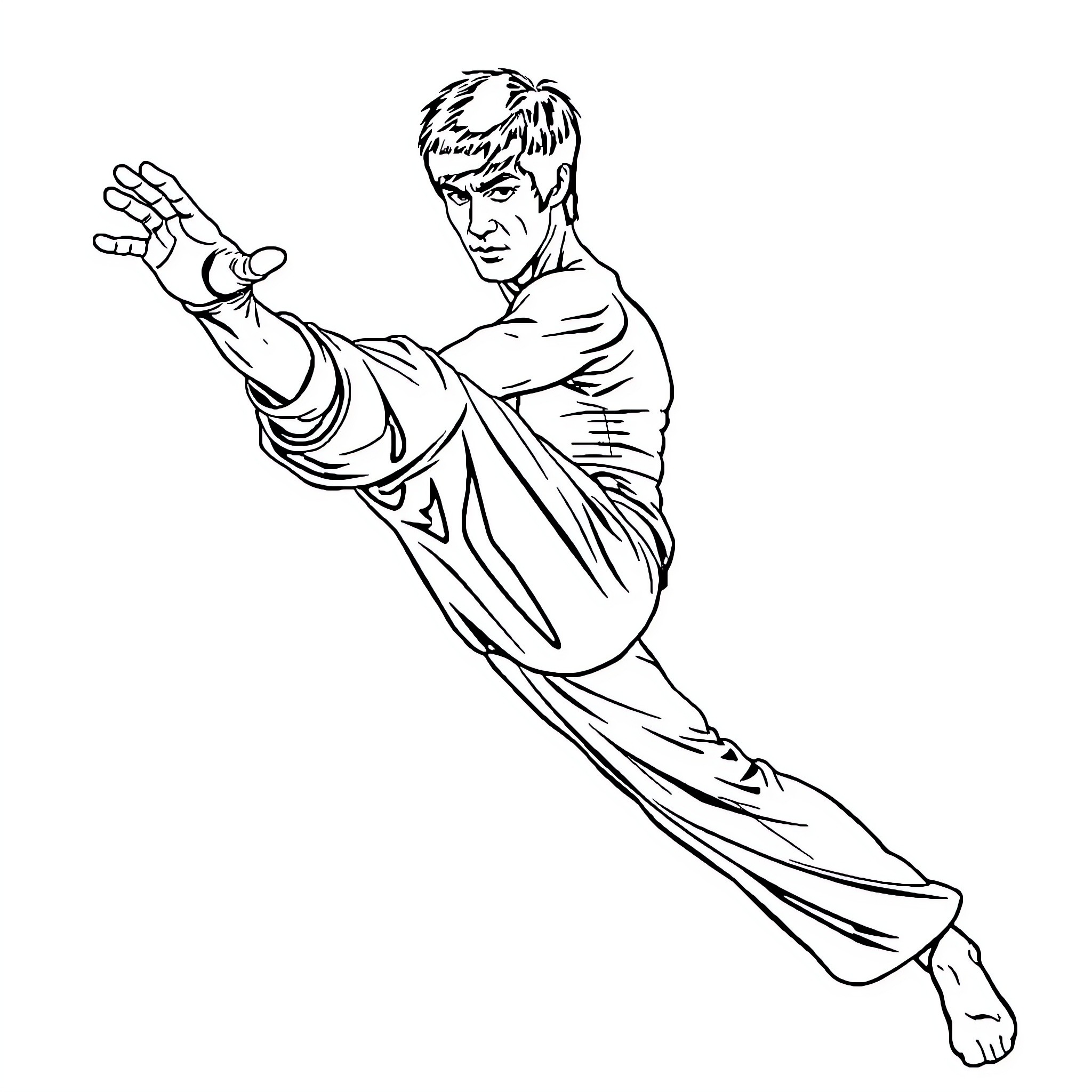 Bruce Lee performing dynamic martial arts move Coloring Page (free black-and-white line drawing printable PDF for all, from beginners to advanced learners, including children, teens, adults, and seniors)