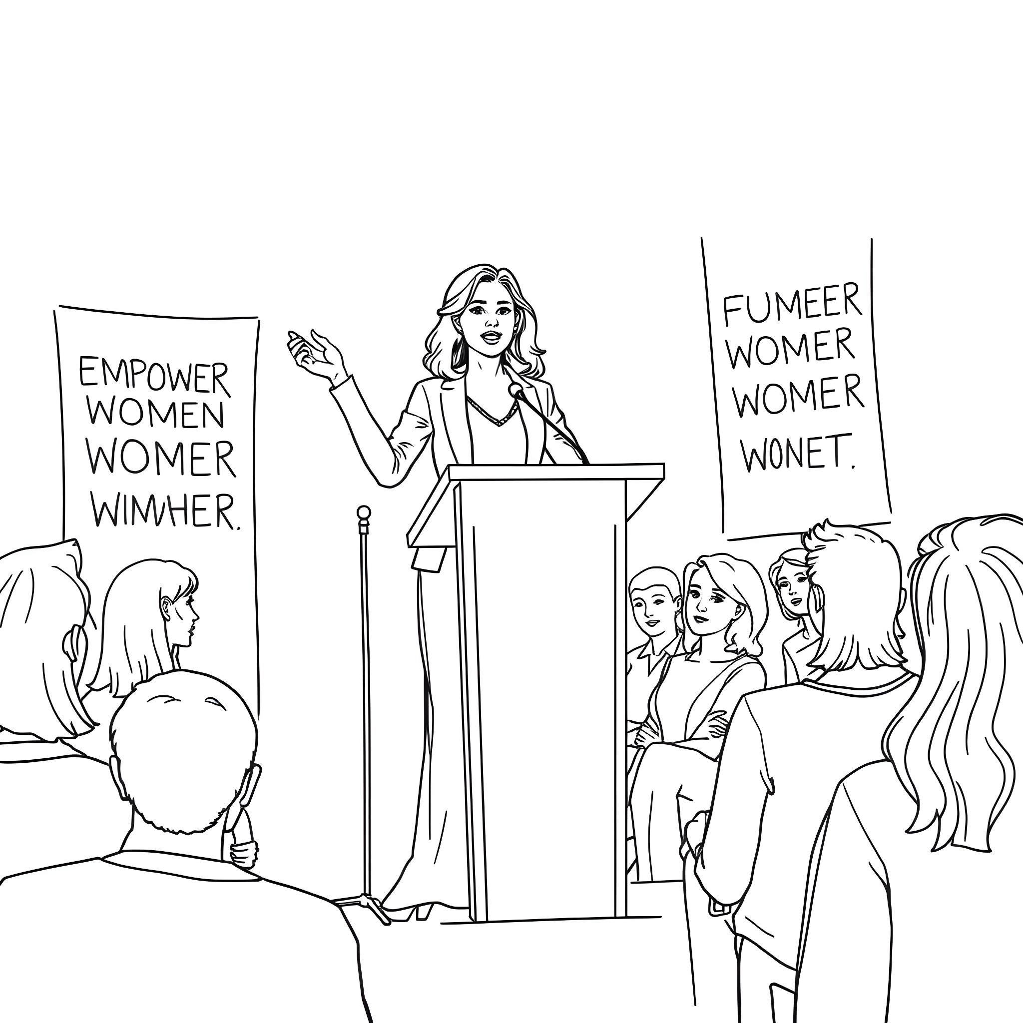 Woman delivering speech at empowerment rally Coloring Page (free black-and-white line drawing printable PDF for all, from beginners to advanced learners, including children, teens, adults, and seniors)