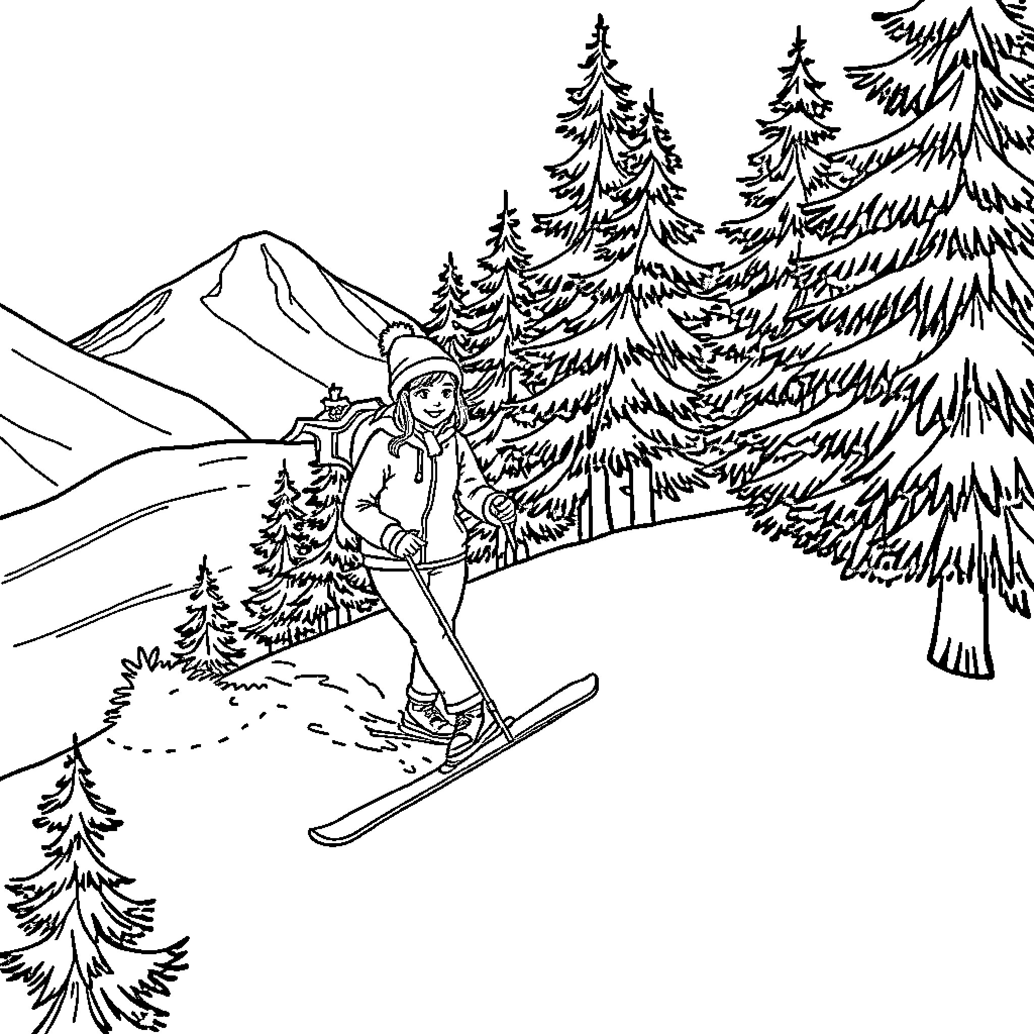 Gabie skiing down a snowy mountain trail Coloring Page (free black-and-white line drawing printable PDF for all, from beginners to advanced learners, including children, teens, adults, and seniors)