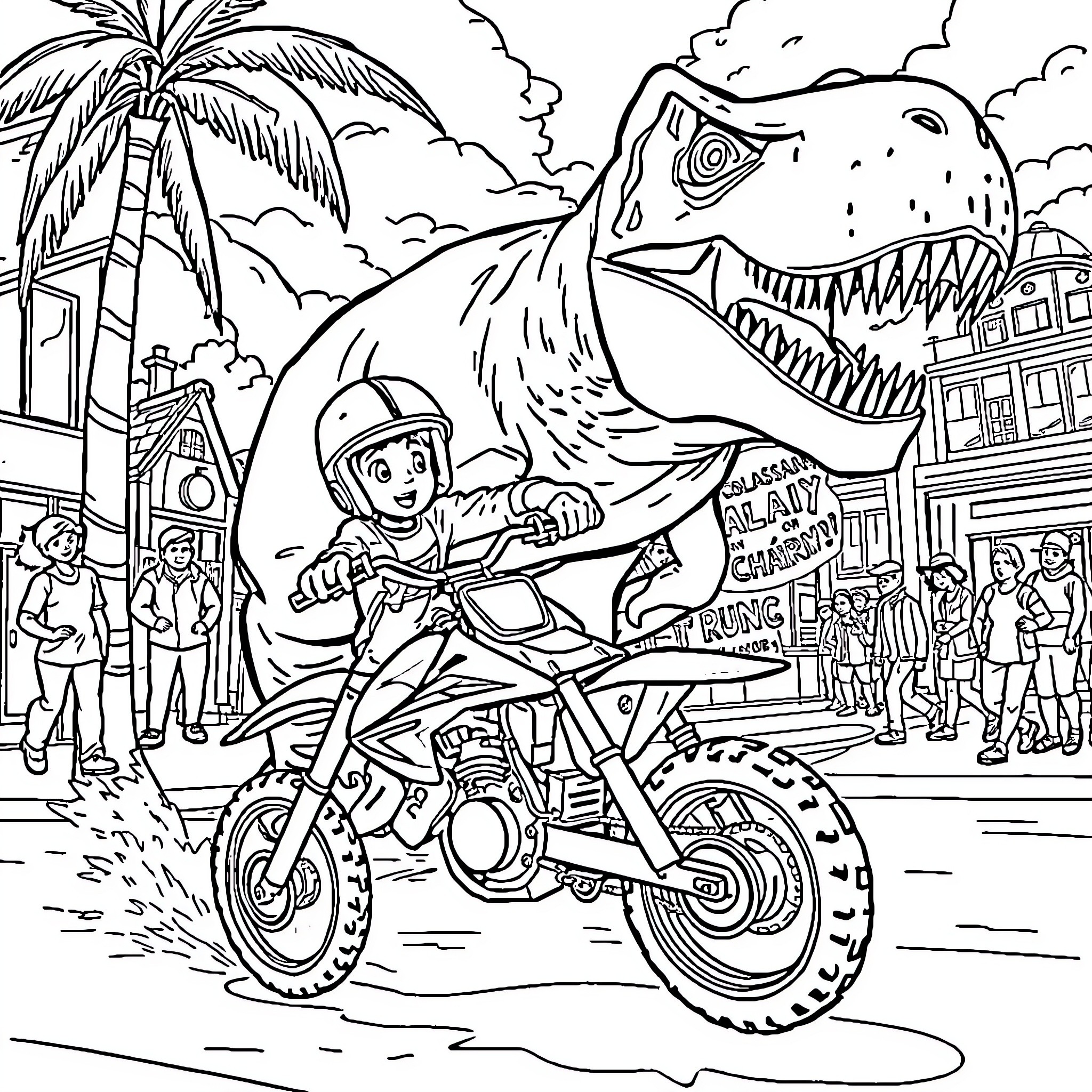 Boy riding motorcycle with giant dinosaur in city Coloring Page (free black-and-white line drawing printable PDF for all, from beginners to advanced learners, including children, teens, adults, and seniors)
