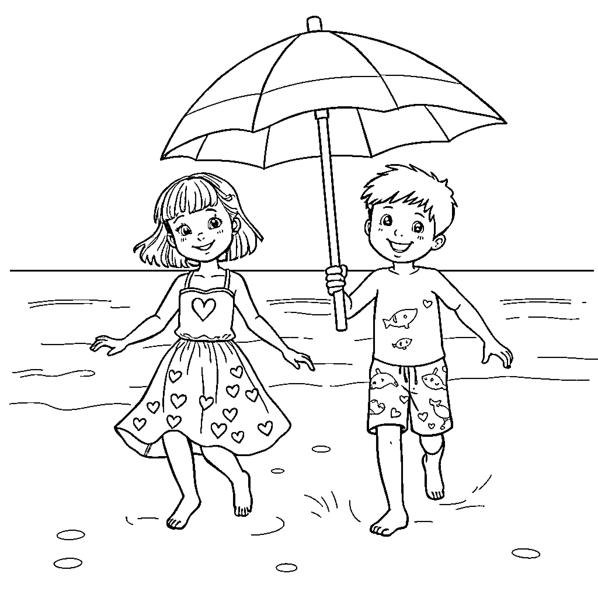 Niños playing happily under the umbrella Coloring Page (free black-and-white line drawing printable PDF for all, from beginners to advanced learners, including children, teens, adults, and seniors)