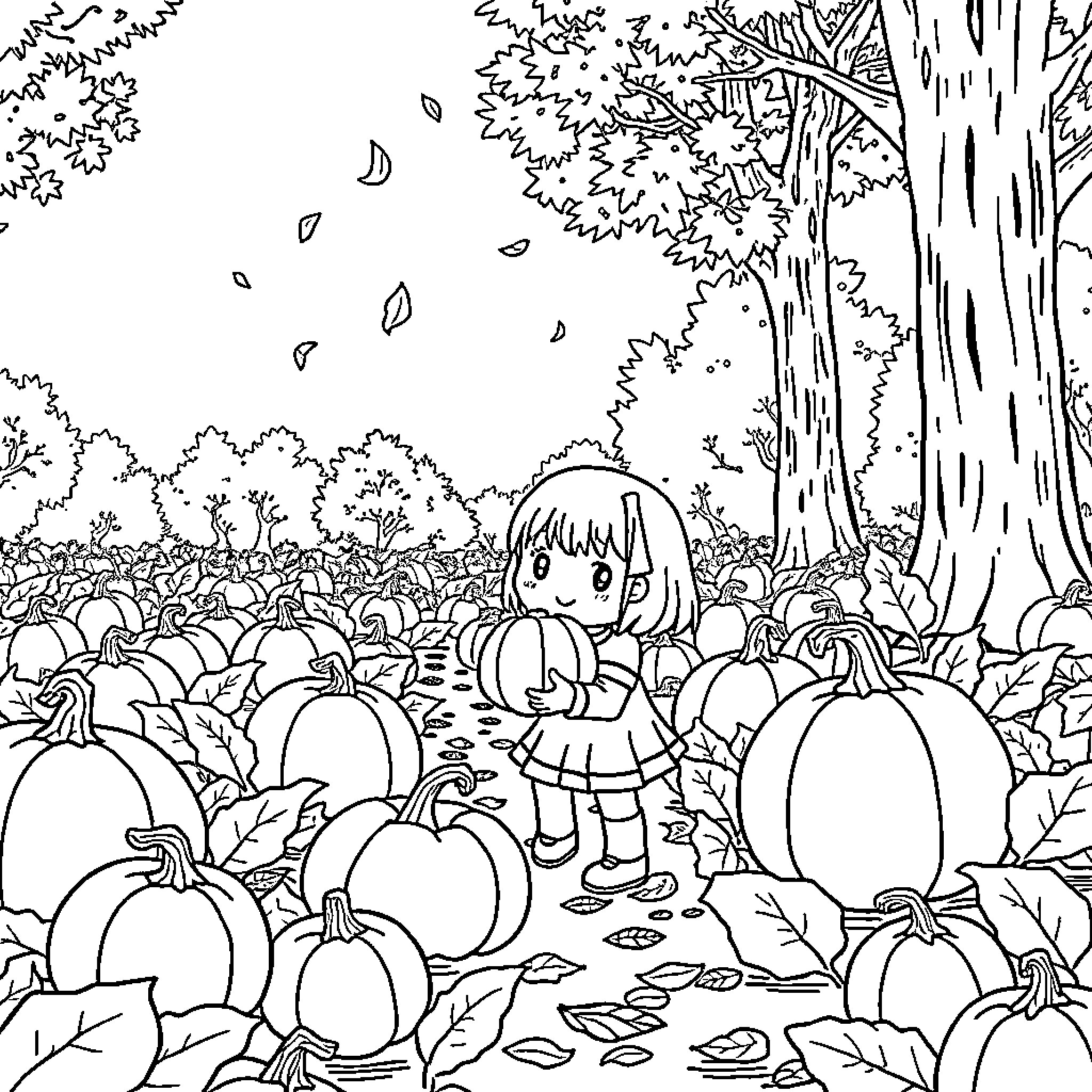Kuromi exploring a pumpkin patch in autumn Coloring Page (free black-and-white line drawing printable PDF for all, from beginners to advanced learners, including children, teens, adults, and seniors)