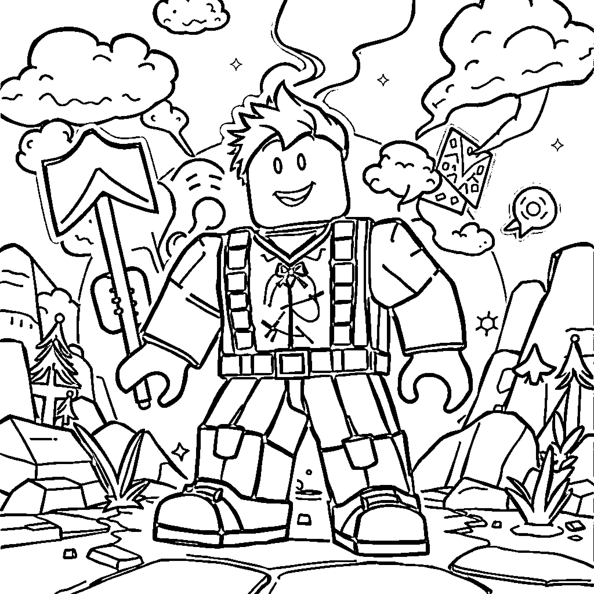 Roblox character in adventurous outdoor scene Coloring Page (free black-and-white line drawing printable PDF for all, from beginners to advanced learners, including children, teens, adults, and seniors)