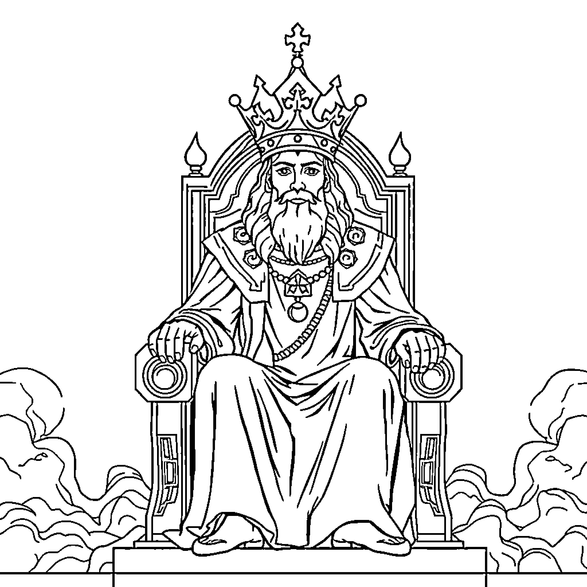 King enthroned in regal splendor Coloring Page (free black-and-white line drawing printable PDF for all, from beginners to advanced learners, including children, teens, adults, and seniors)