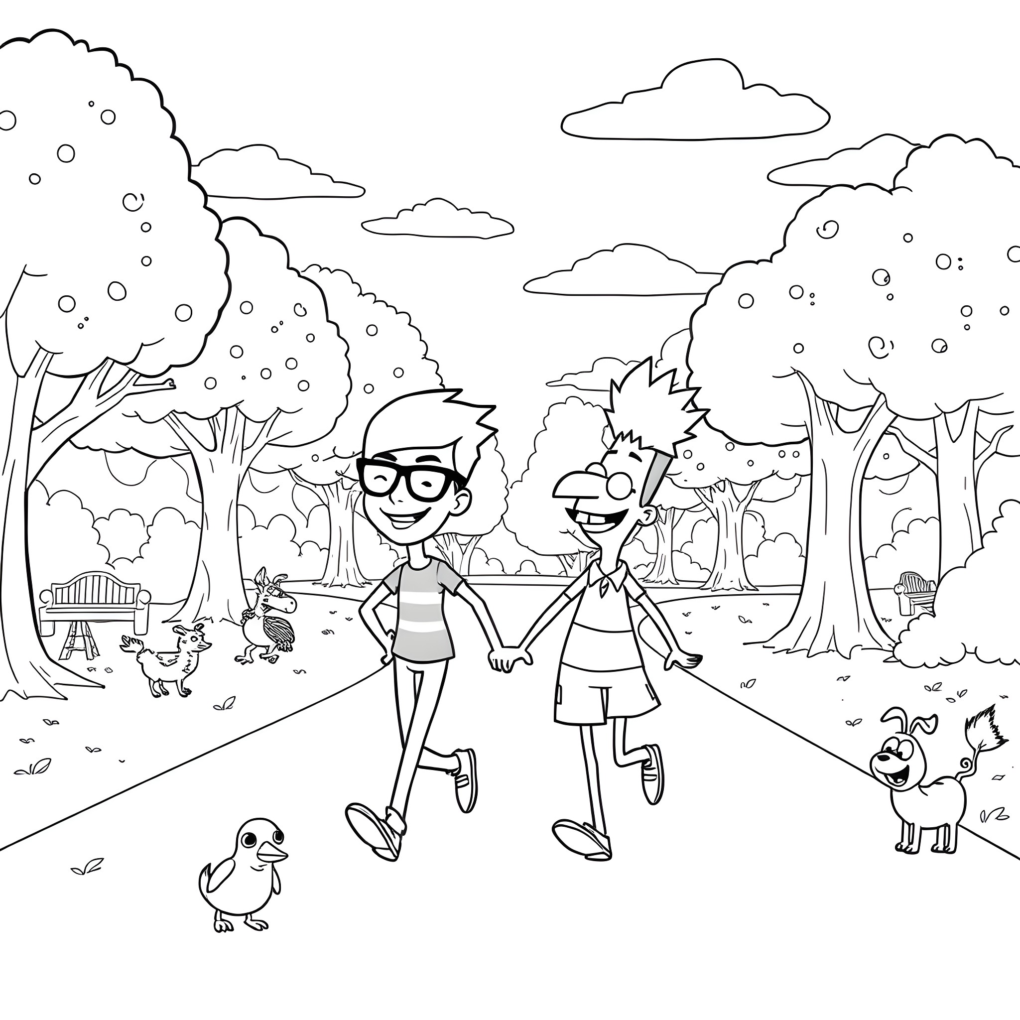 Phineas and Ferb enjoying a walk in the park Coloring Page (free black-and-white line drawing printable PDF for all, from beginners to advanced learners, including children, teens, adults, and seniors)