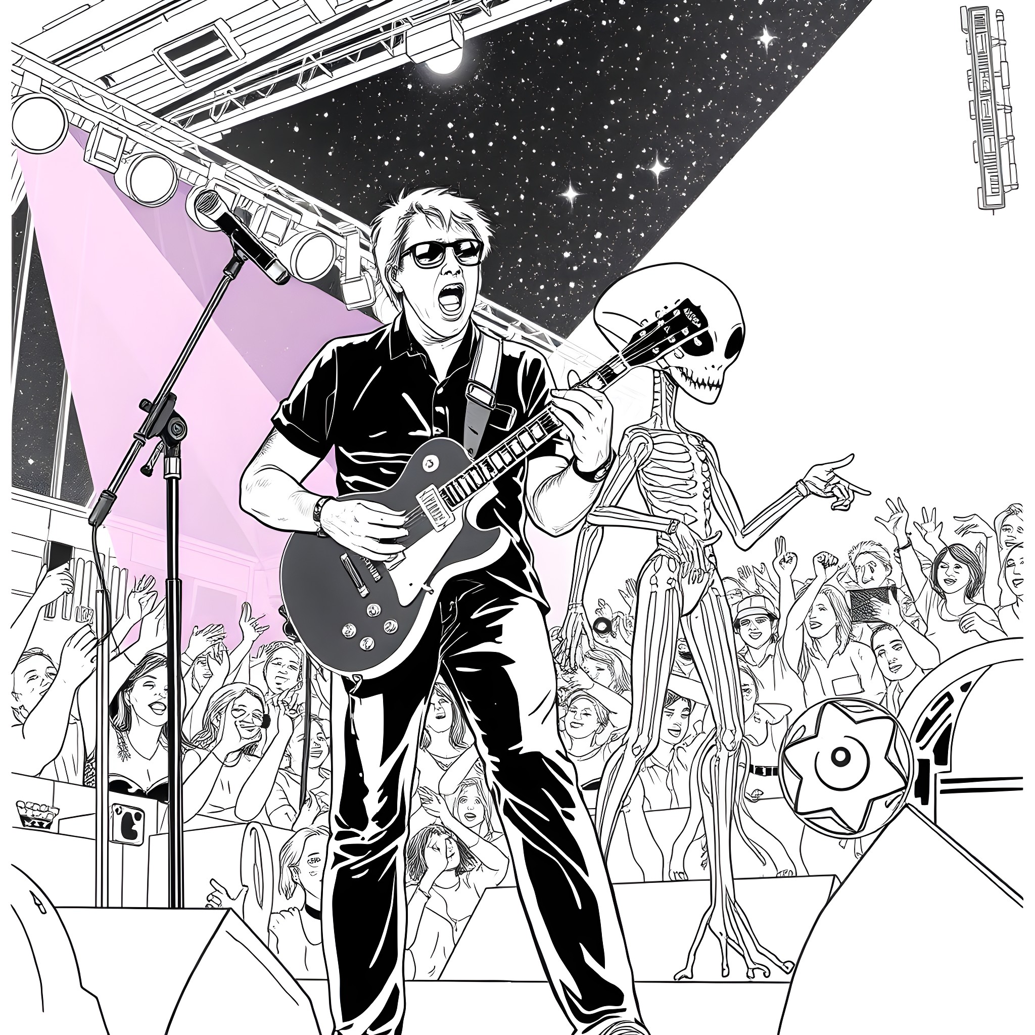 Tom DeLonge rocking out on stage with a skeletal bandmate Coloring Page (free black-and-white line drawing printable PDF for all, from beginners to advanced learners, including children, teens, adults, and seniors)