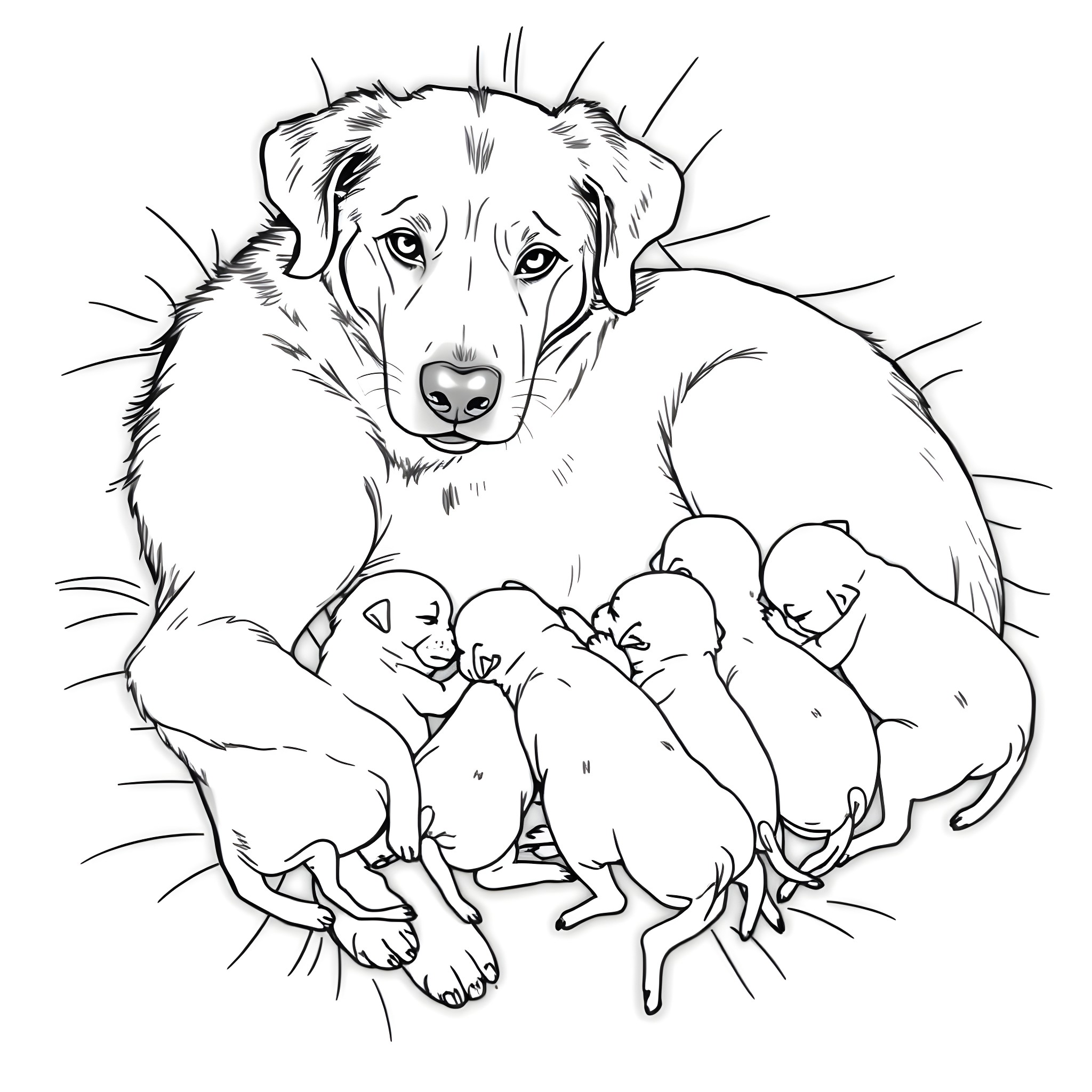 Dog protecting her puppies Coloring Page (free black-and-white line drawing printable PDF for all, from beginners to advanced learners, including children, teens, adults, and seniors)