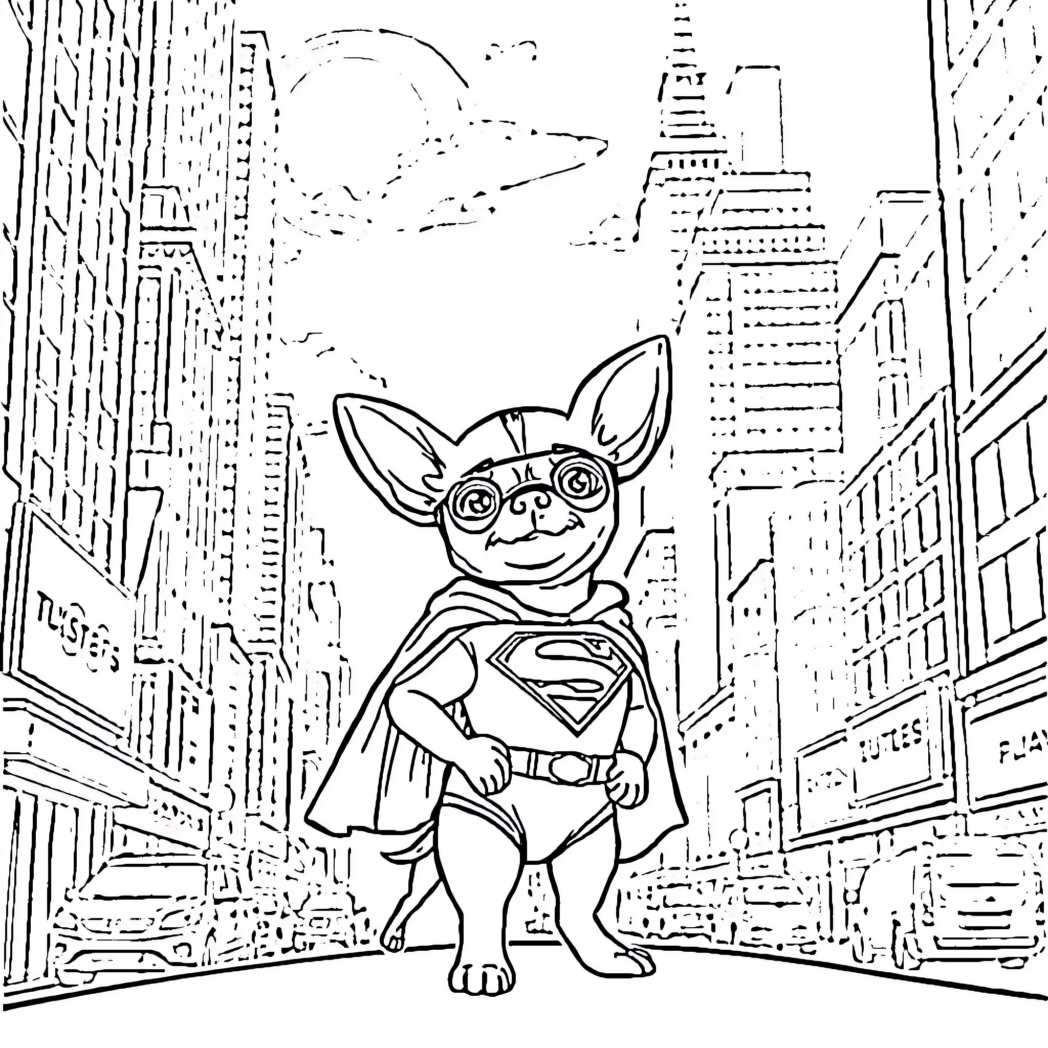 Chihuahua superhero adventures in the city Coloring Page (free black-and-white line drawing printable PDF for all, from beginners to advanced learners, including children, teens, adults, and seniors)