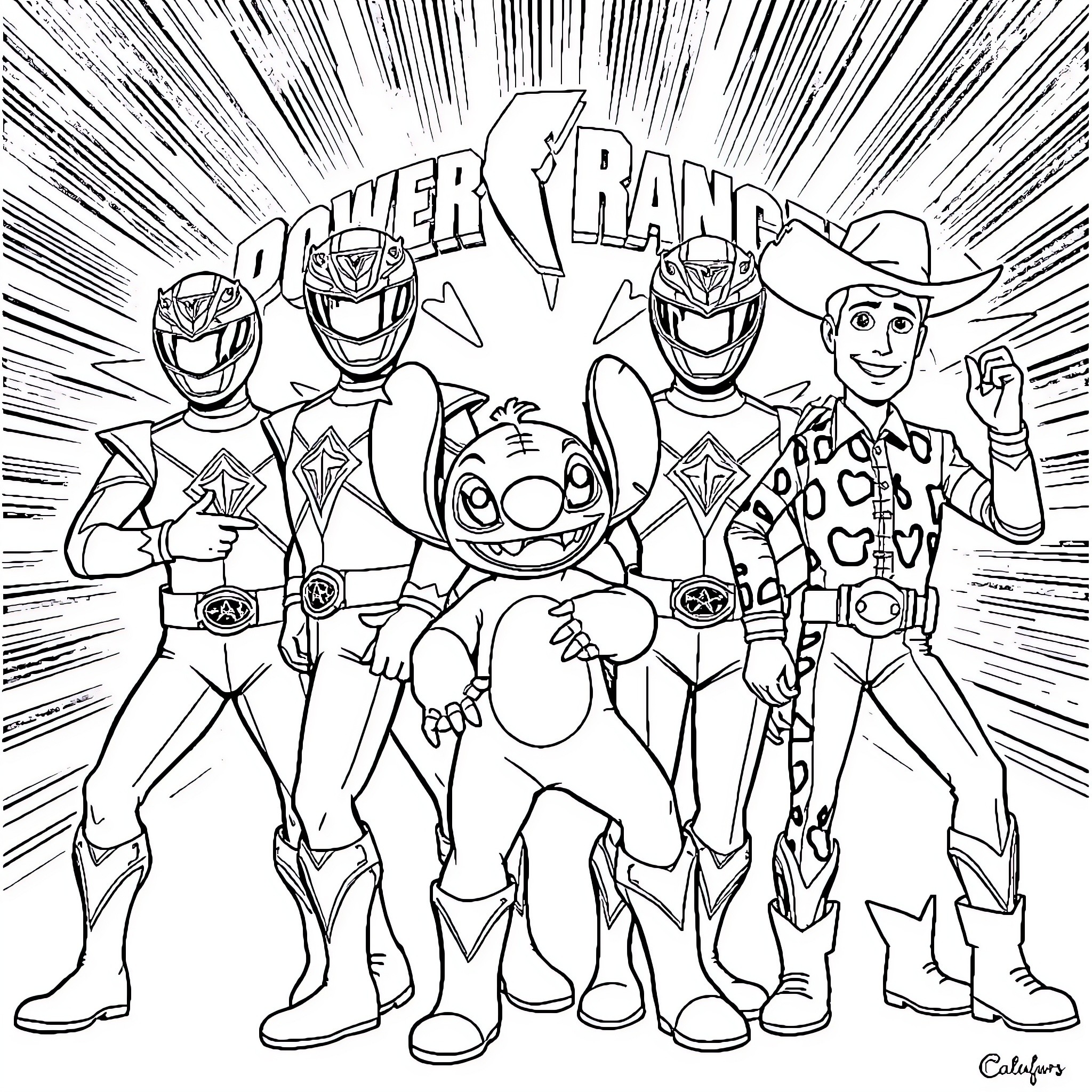Power Rangers in Action Poses with Alien Companion Coloring Page (free black-and-white line drawing printable PDF for all, from beginners to advanced learners, including children, teens, adults, and seniors)