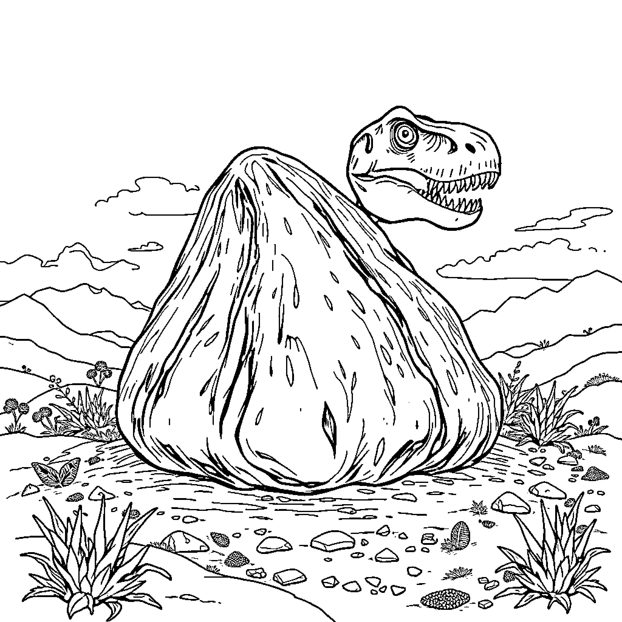 T-Rex guarding its nest in the wild Coloring Page (free black-and-white line drawing printable PDF for all, from beginners to advanced learners, including children, teens, adults, and seniors)