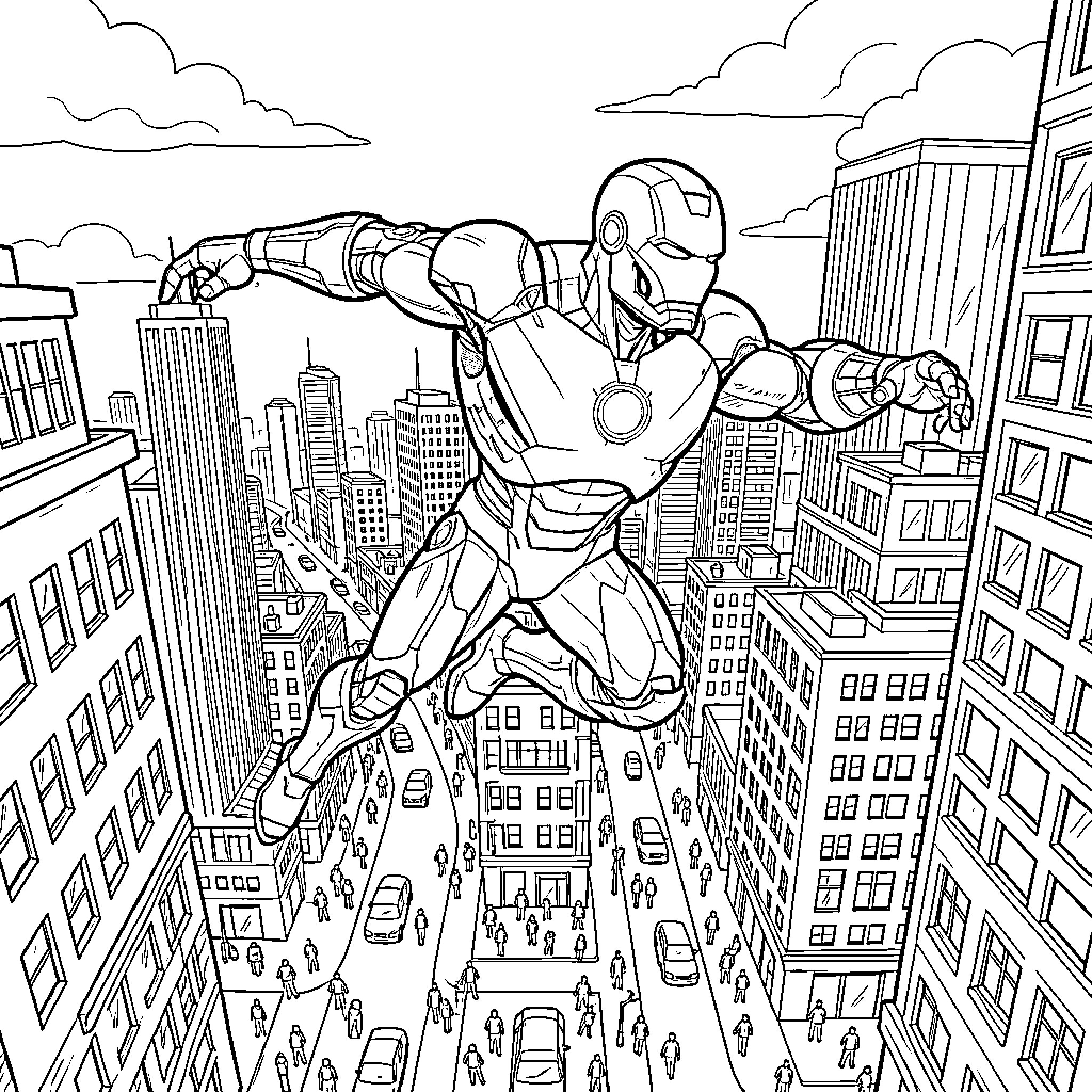Ironman flying dynamically through a busy city landscape Coloring Page (free black-and-white line drawing printable PDF for all, from beginners to advanced learners, including children, teens, adults, and seniors)