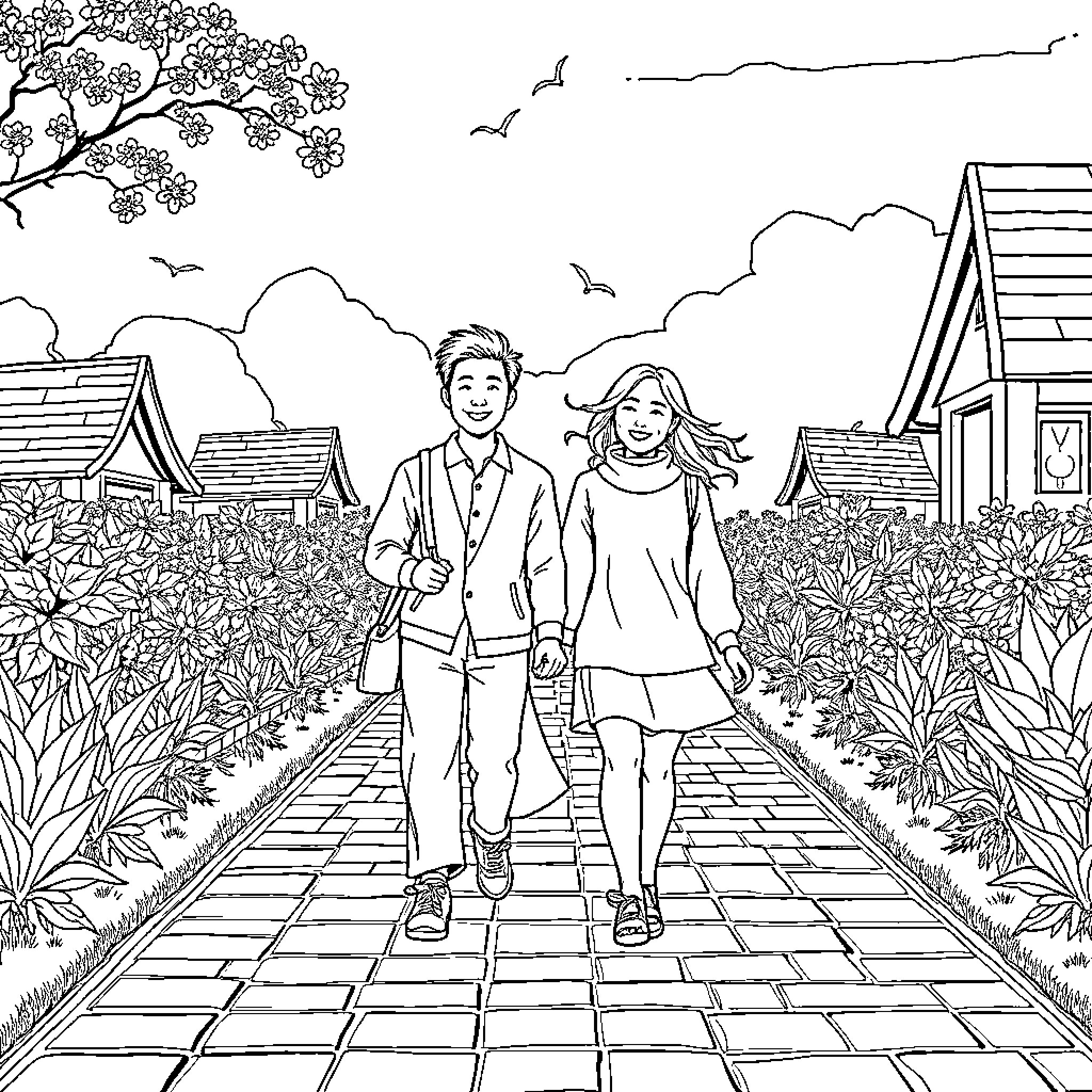 Asian couple walking on a pathway through a scenic garden Coloring Page (free black-and-white line drawing printable PDF for all, from beginners to advanced learners, including children, teens, adults, and seniors)
