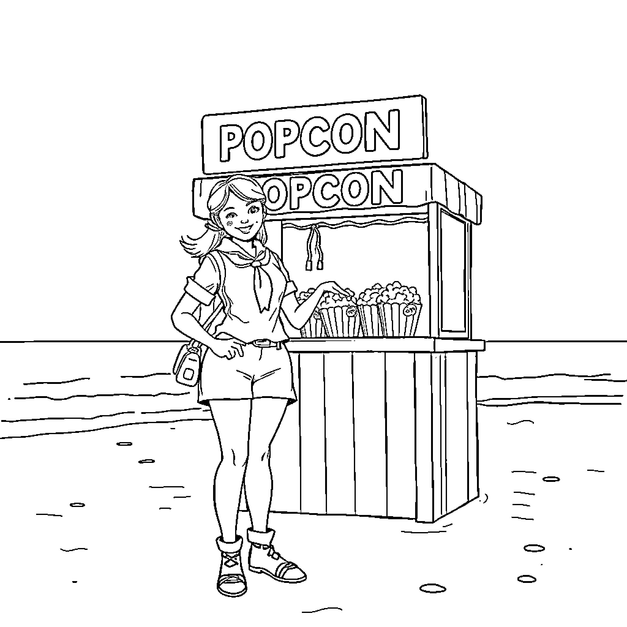 Scout selling popcorn at the fair Coloring Page (free black-and-white line drawing printable PDF for all, from beginners to advanced learners, including children, teens, adults, and seniors)