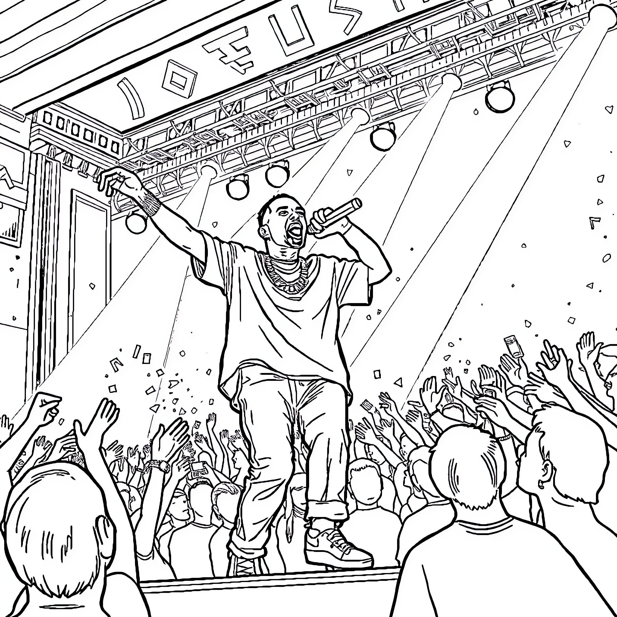 Travis Scott performing energetically on stage with hyped crowd Coloring Page (free black-and-white line drawing printable PDF for all, from beginners to advanced learners, including children, teens, adults, and seniors)