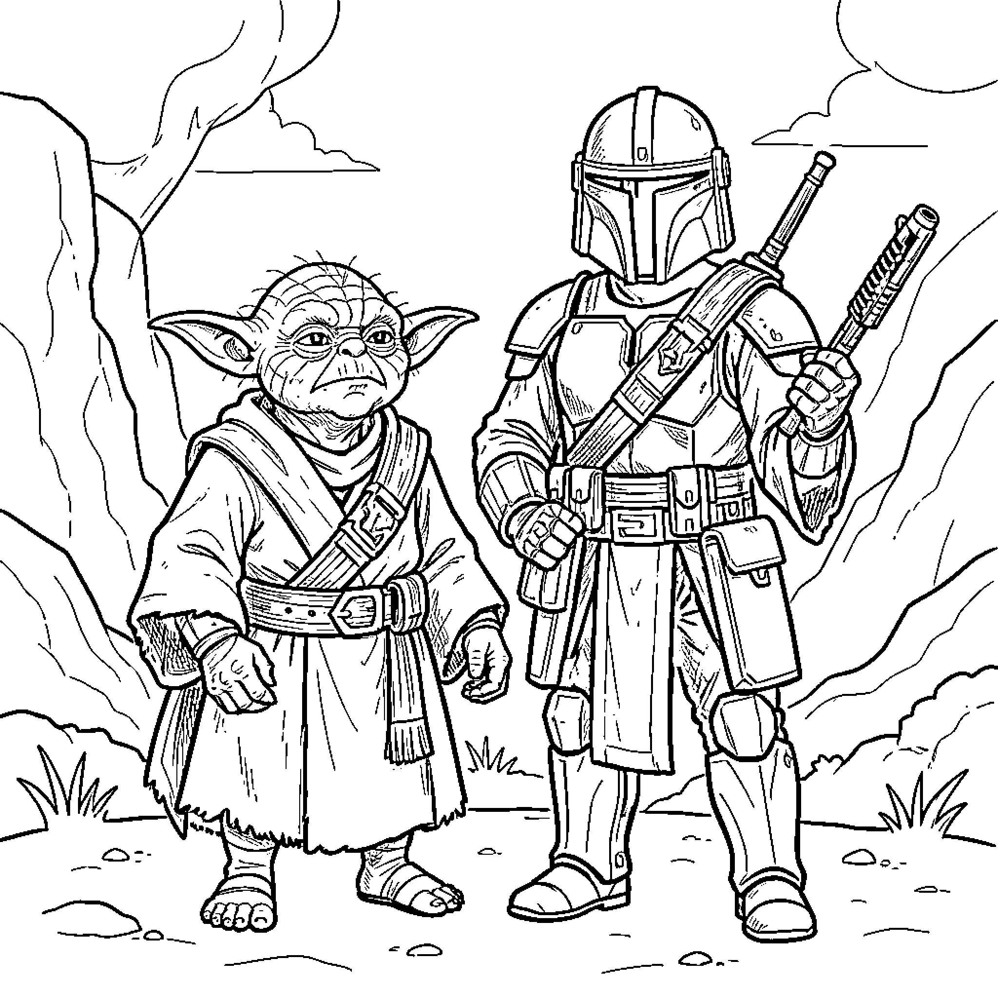 Yoda and Mandalorian warrior in the wilderness Coloring Page (free black-and-white line drawing printable PDF for all, from beginners to advanced learners, including children, teens, adults, and seniors)