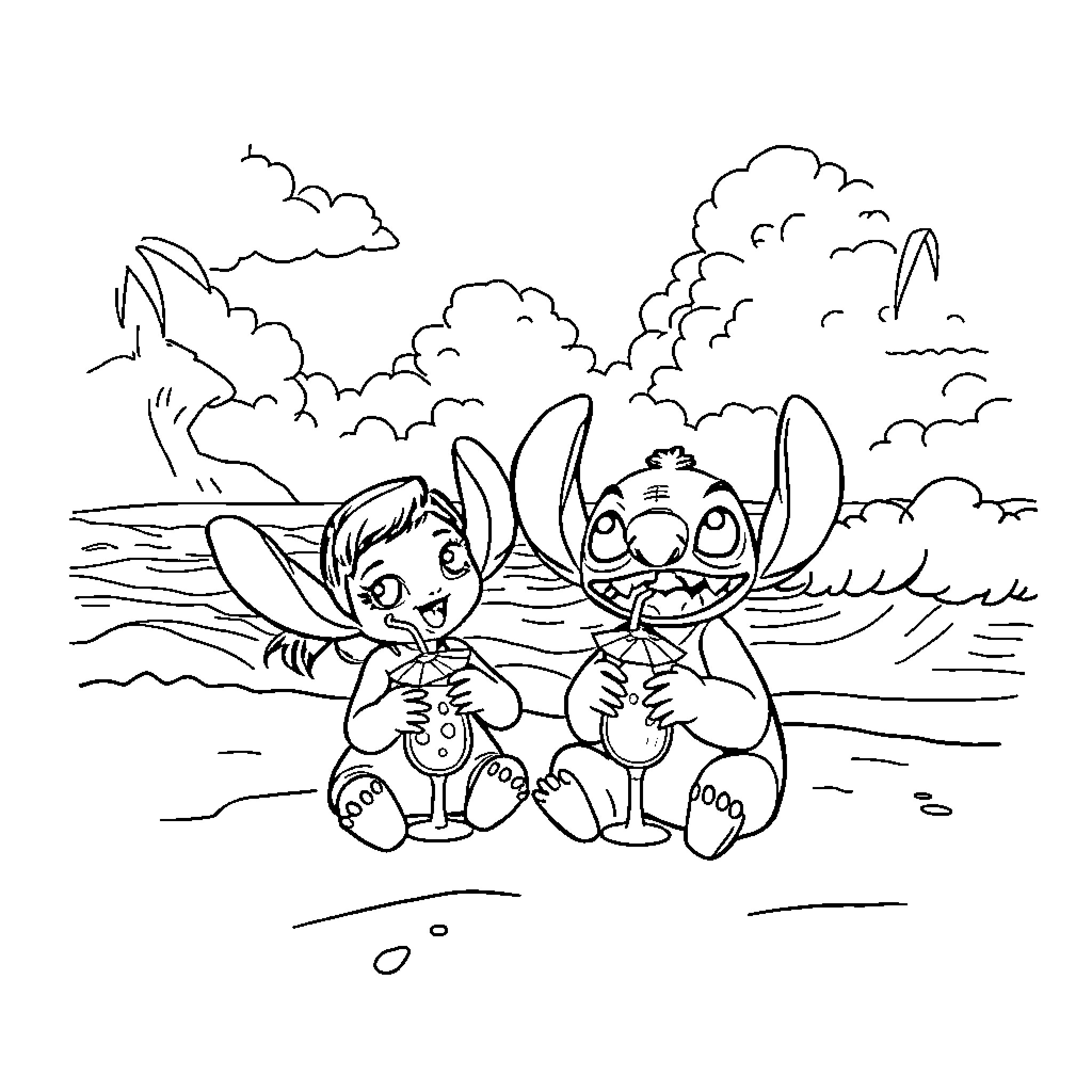 Lilo and Stitch playing happily on the beach Coloring Page (free black-and-white line drawing printable PDF for all, from beginners to advanced learners, including children, teens, adults, and seniors)