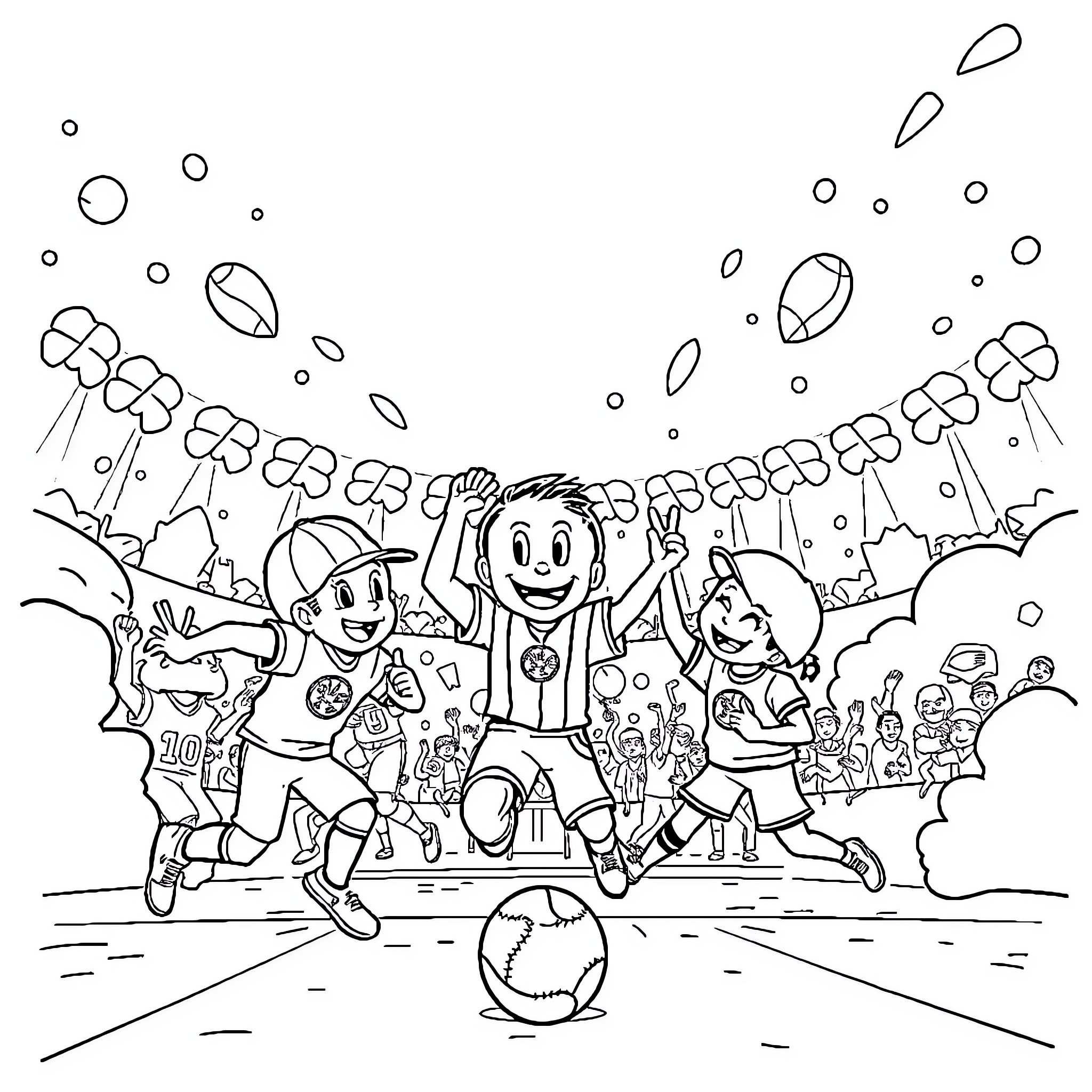 Kid Playing Soccer with Friends in a Lively Celebration Coloring Page (free black-and-white line drawing printable PDF for all, from beginners to advanced learners, including children, teens, adults, and seniors)