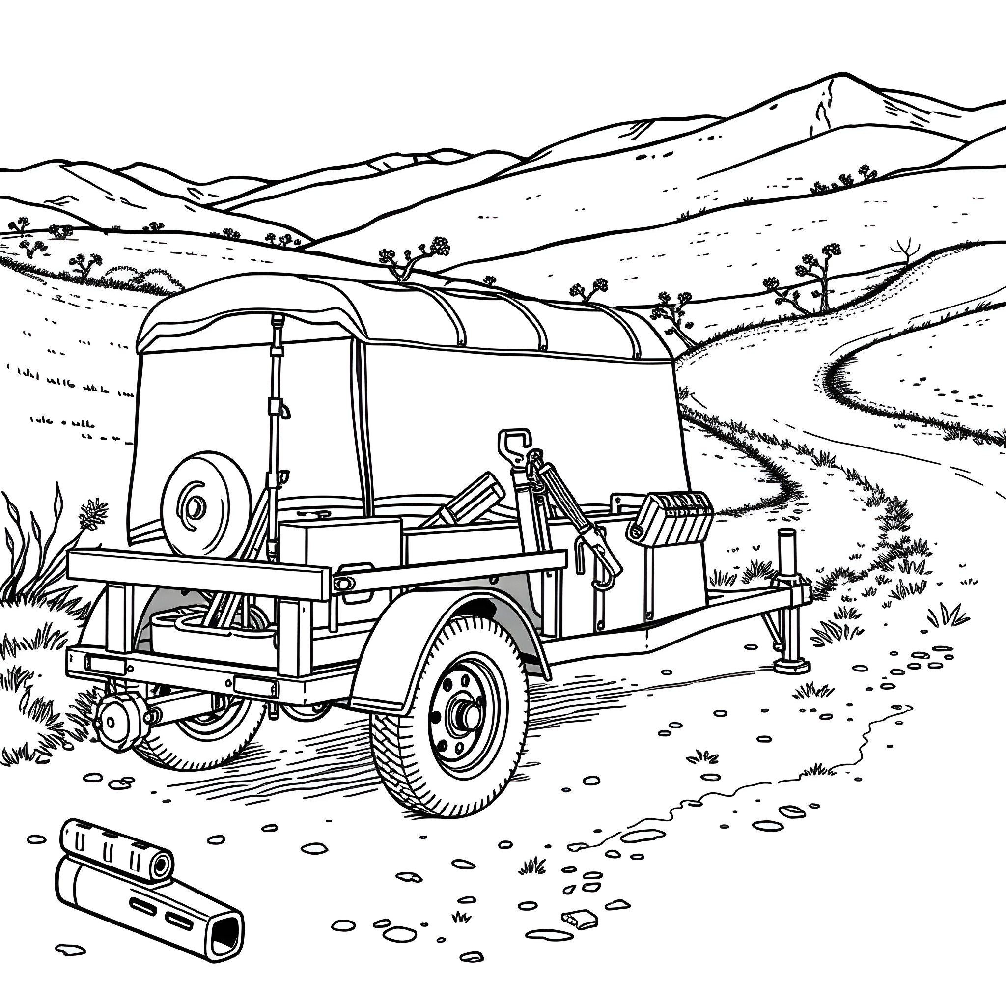 Car Trailer on a Rugged Countryside Road Coloring Page (free black-and-white line drawing printable PDF for all, from beginners to advanced learners, including children, teens, adults, and seniors)