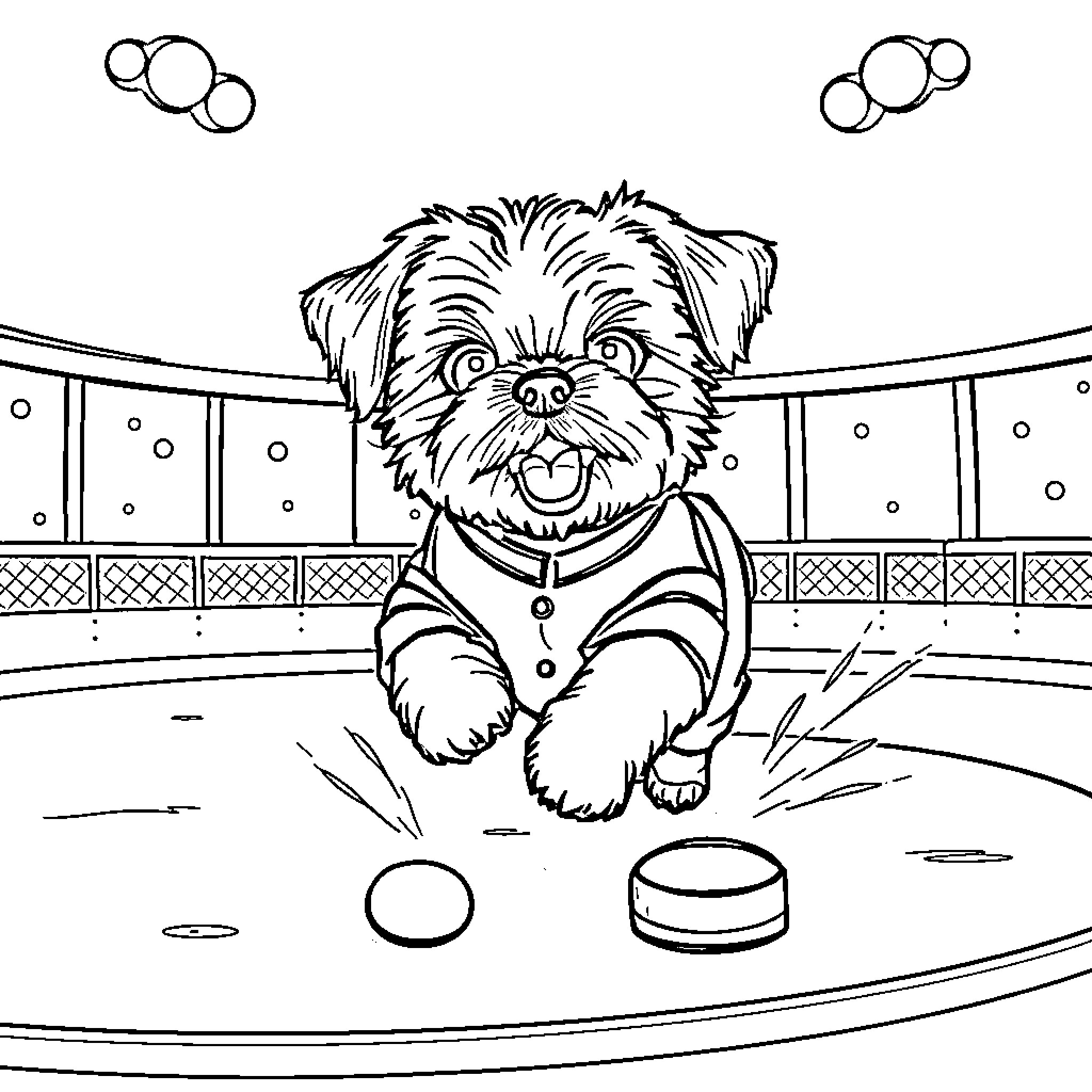 Shih Tzu playing happily in the ring Coloring Page (free black-and-white line drawing printable PDF for all, from beginners to advanced learners, including children, teens, adults, and seniors)