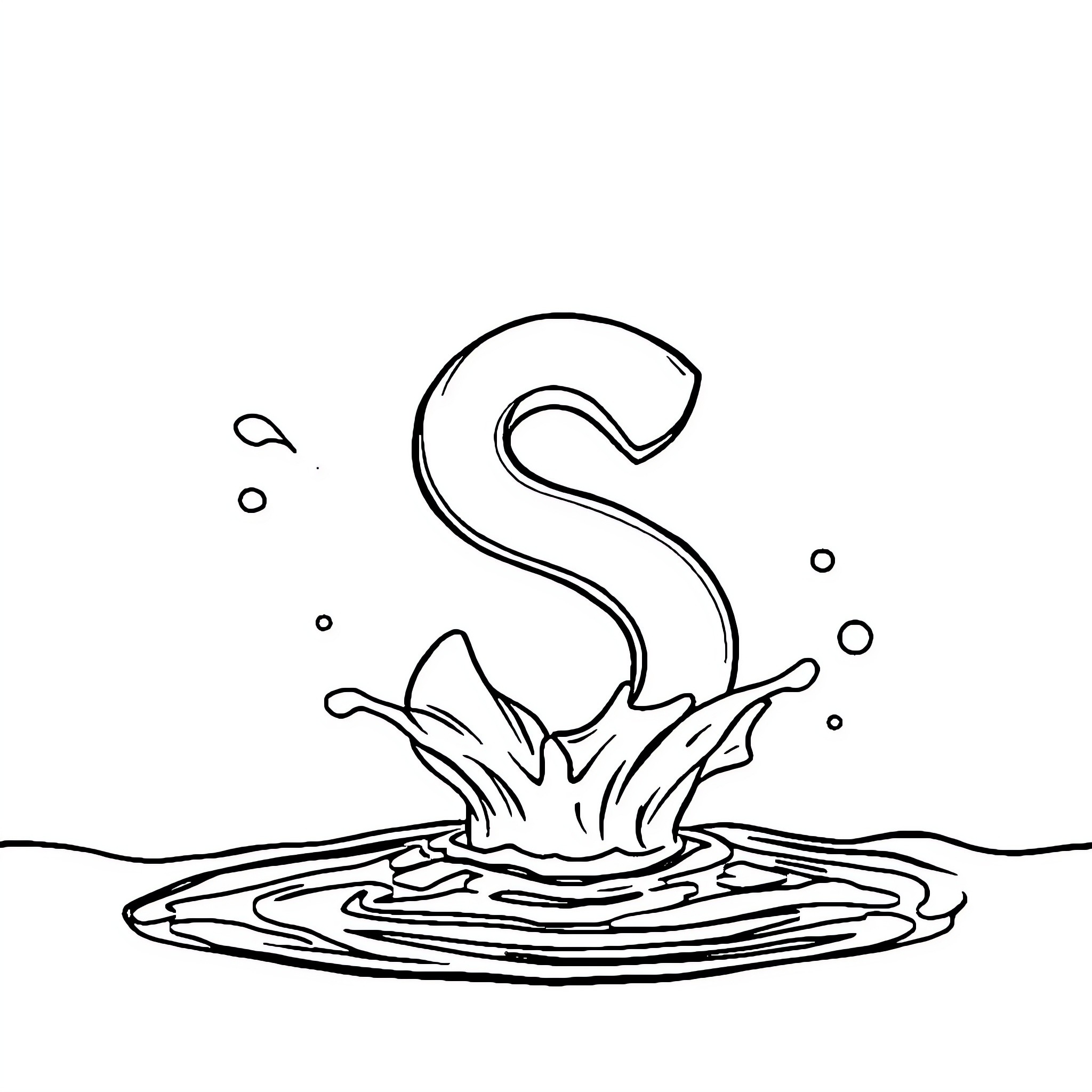 Letter S splashing in water Coloring Page (free black-and-white line drawing printable PDF for all, from beginners to advanced learners, including children, teens, adults, and seniors)