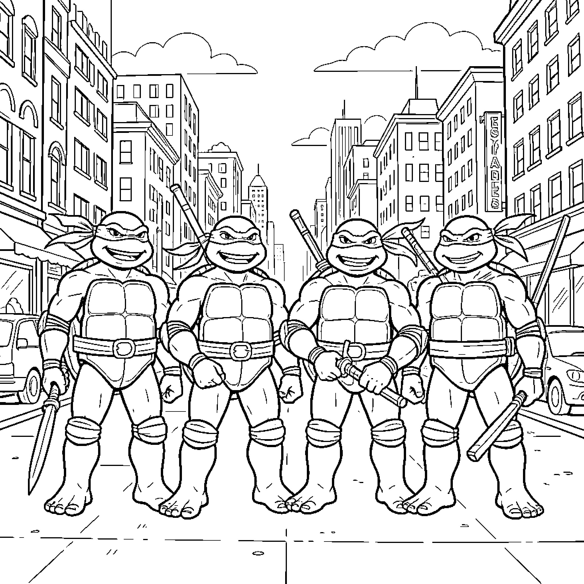 Teenage Mutant Ninja Turtles posing together in a city street Coloring Page (free black-and-white line drawing printable PDF for all, from beginners to advanced learners, including children, teens, adults, and seniors)